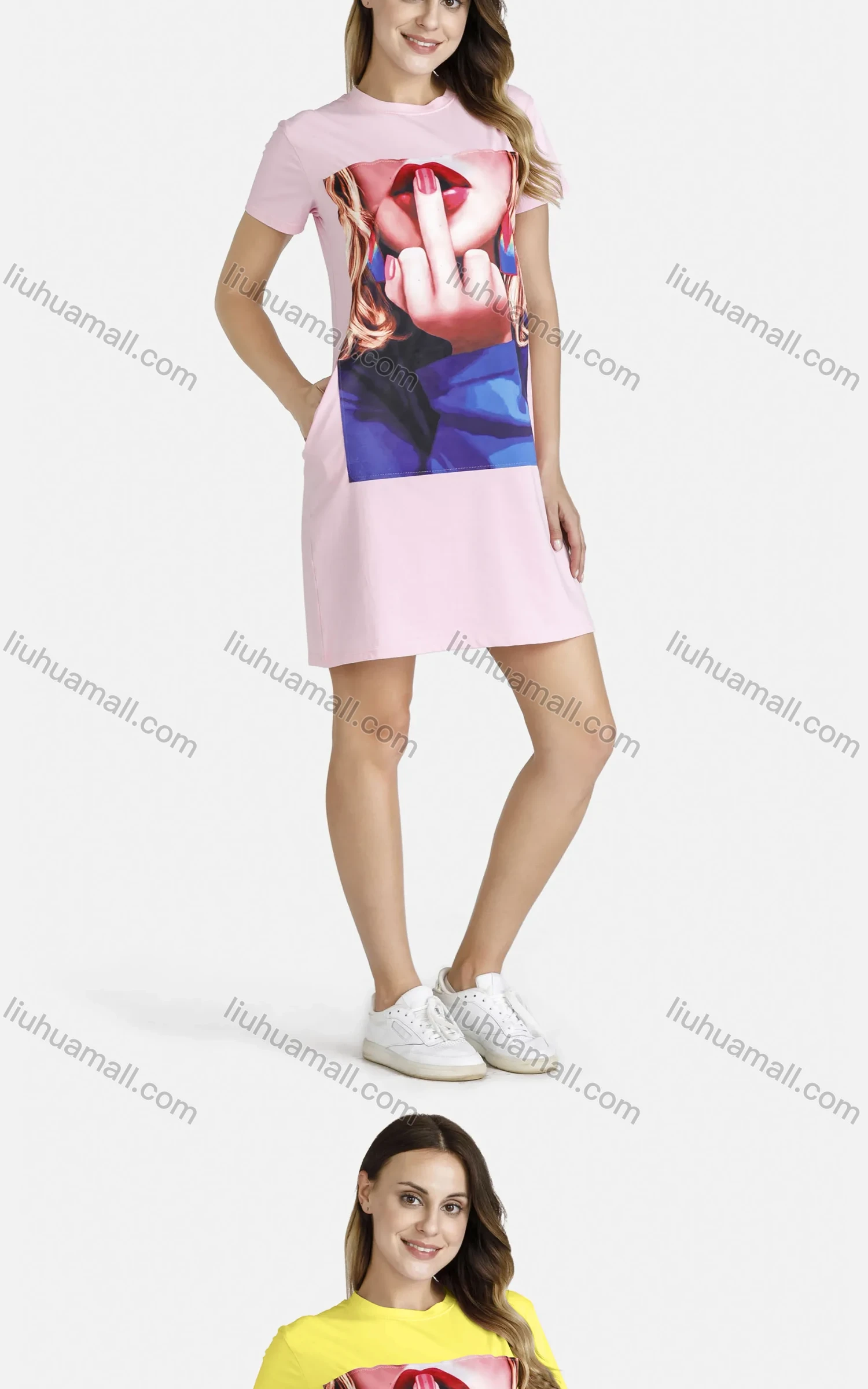 Wholesale Women's Casual Short Sleeve Round Neck Graphic Tee Dress - Liuhuamall