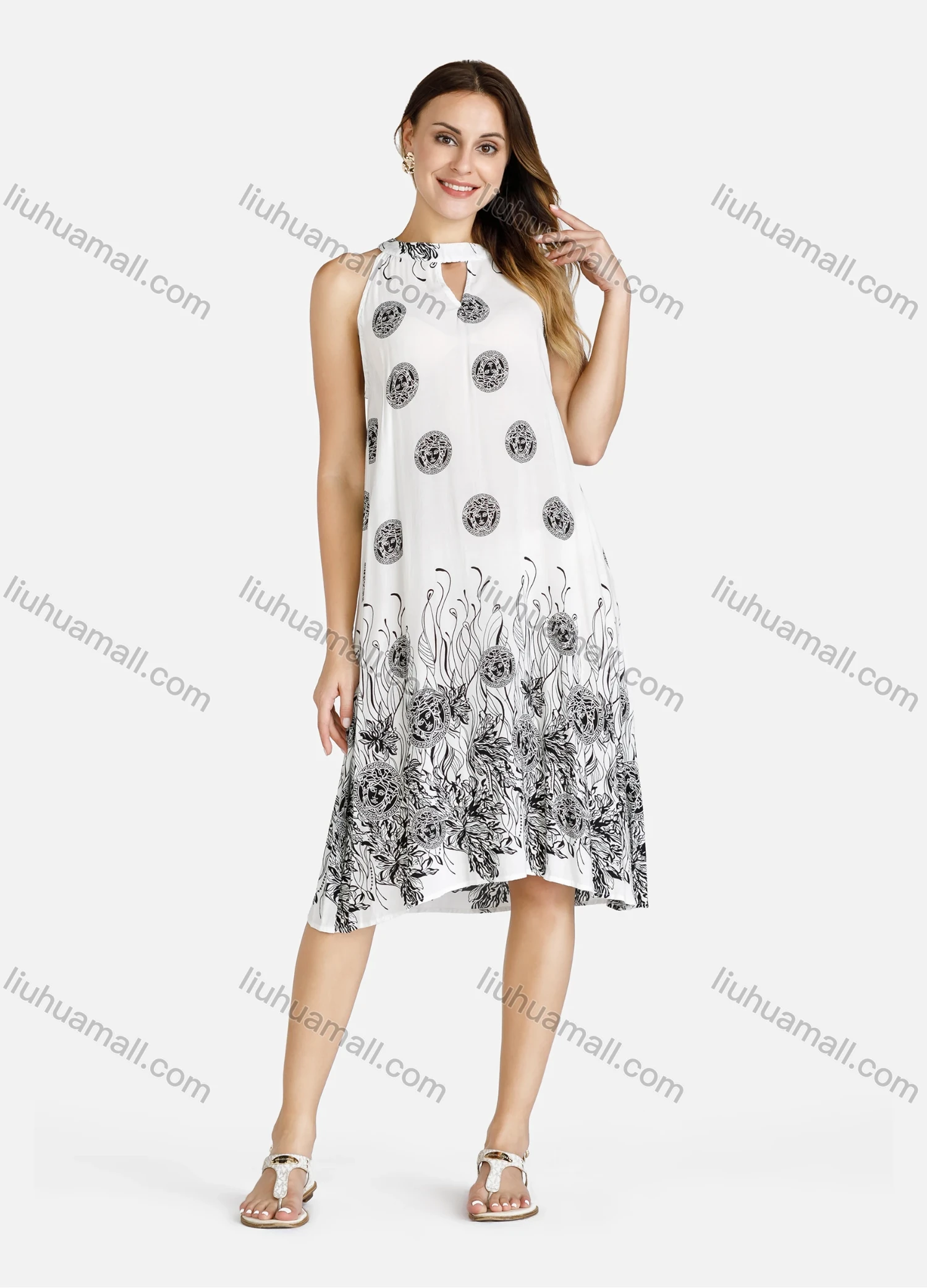 Wholesale Women's Casual Keyhole Neck Allover Print Midi Tank Dress - Liuhuamall
