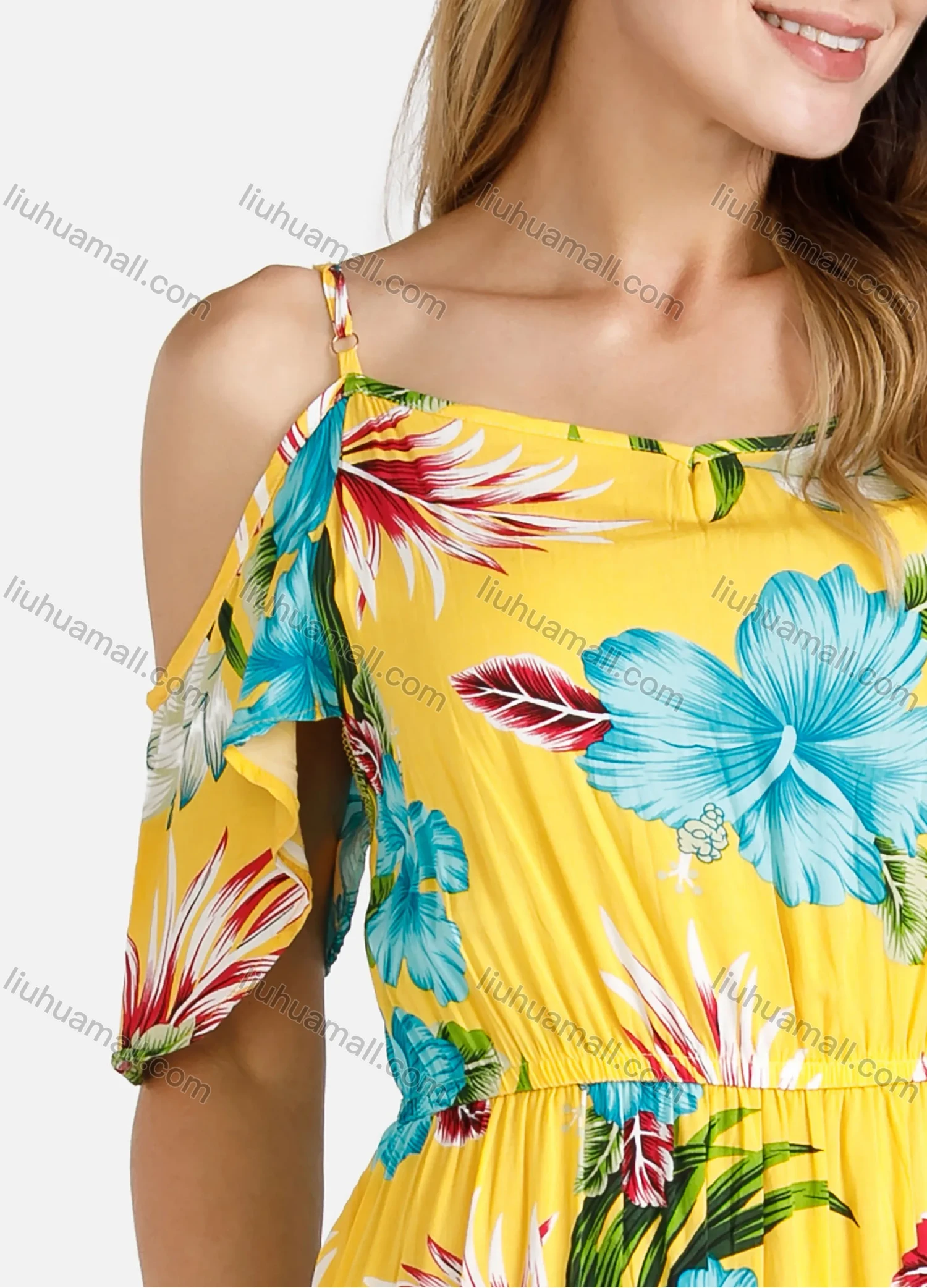 Wholesale Women's Spaghetti Strap Cold Shoulder Short Sleeve Tropical Floral Print High Wasit Cami Midi Dress - Liuhuamall