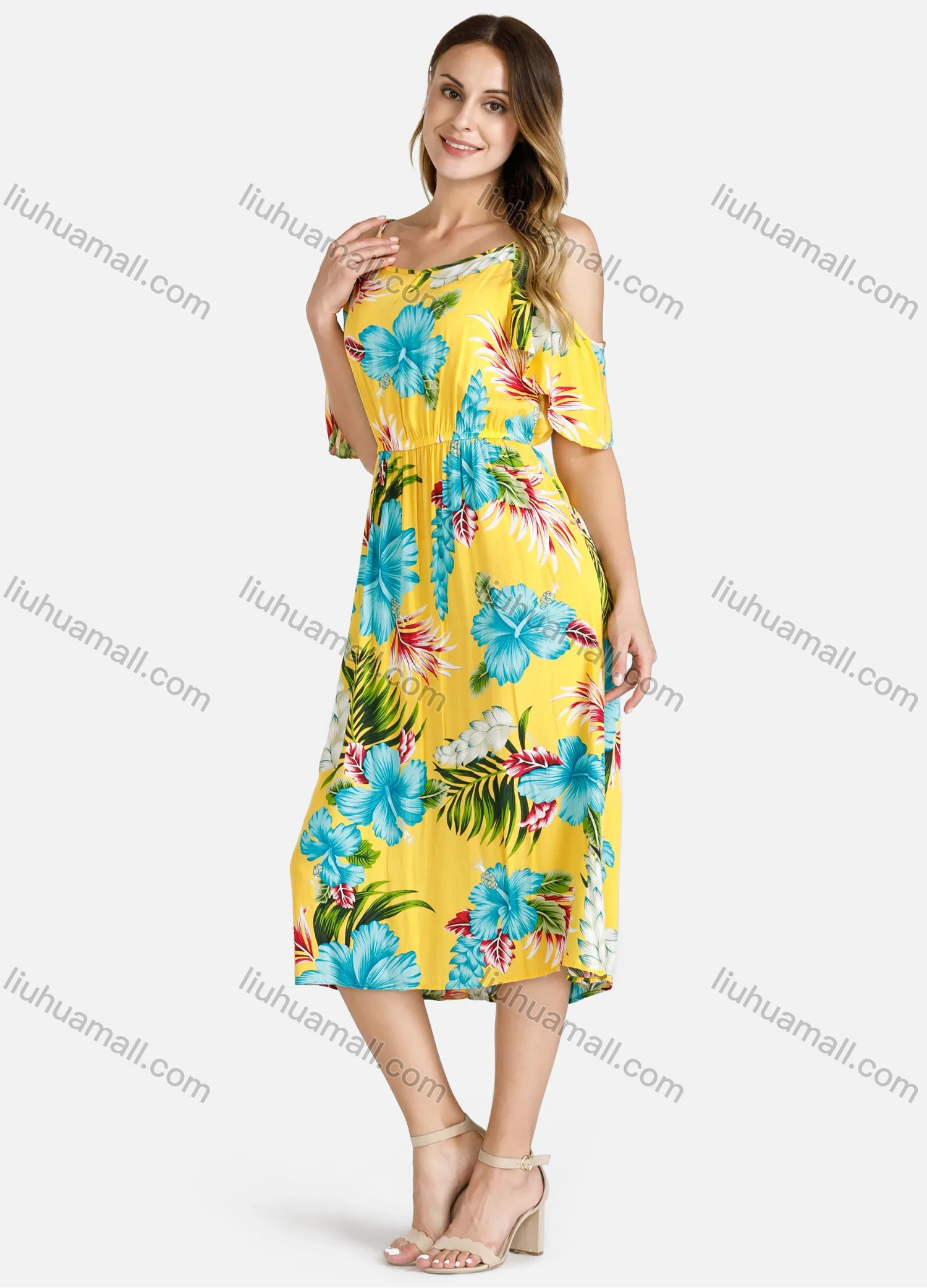 Wholesale Women's Spaghetti Strap Cold Shoulder Short Sleeve Tropical Floral Print High Wasit Cami Midi Dress - Liuhuamall
