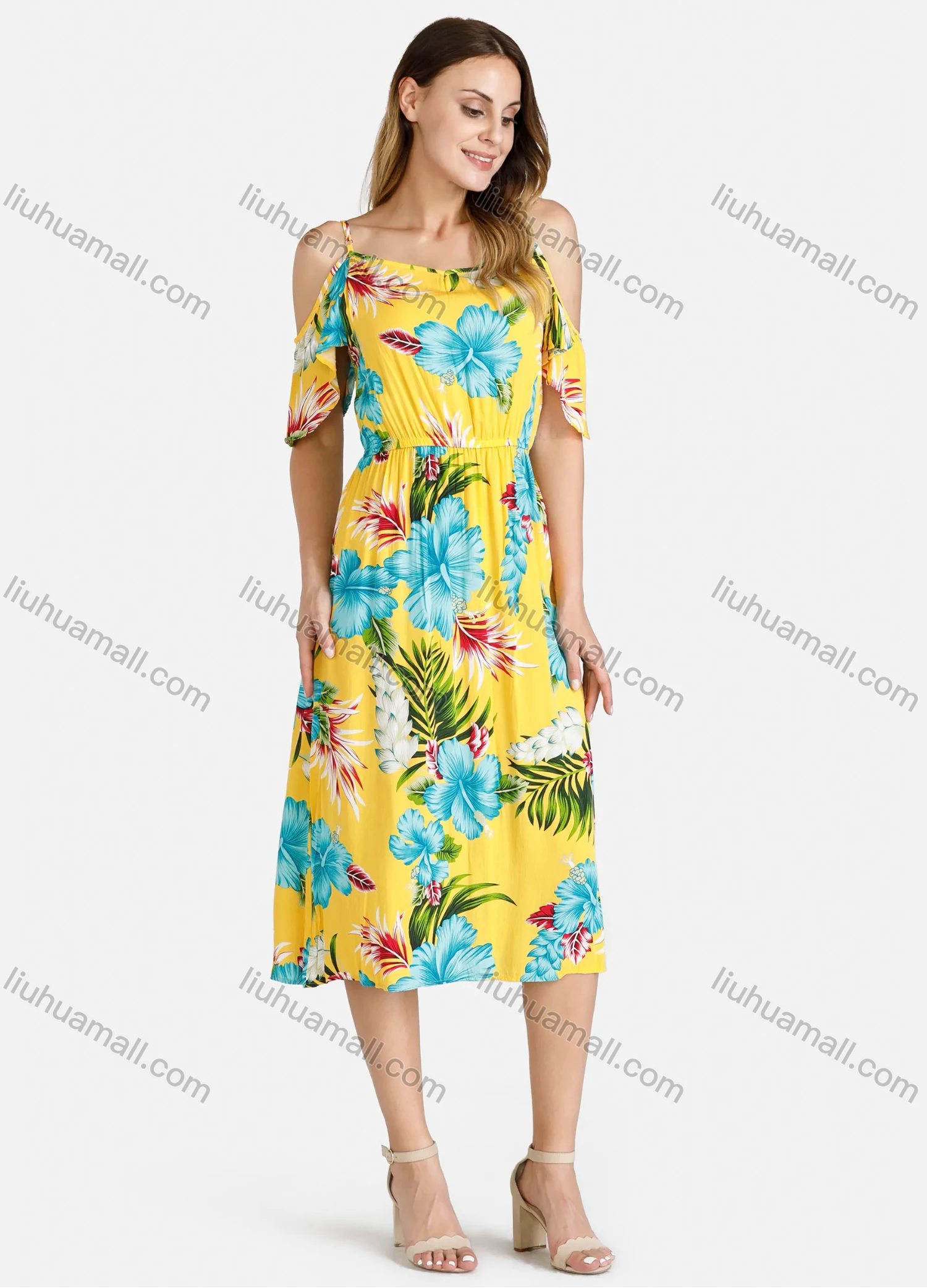 Wholesale Women's Spaghetti Strap Cold Shoulder Short Sleeve Tropical Floral Print High Wasit Cami Midi Dress - Liuhuamall