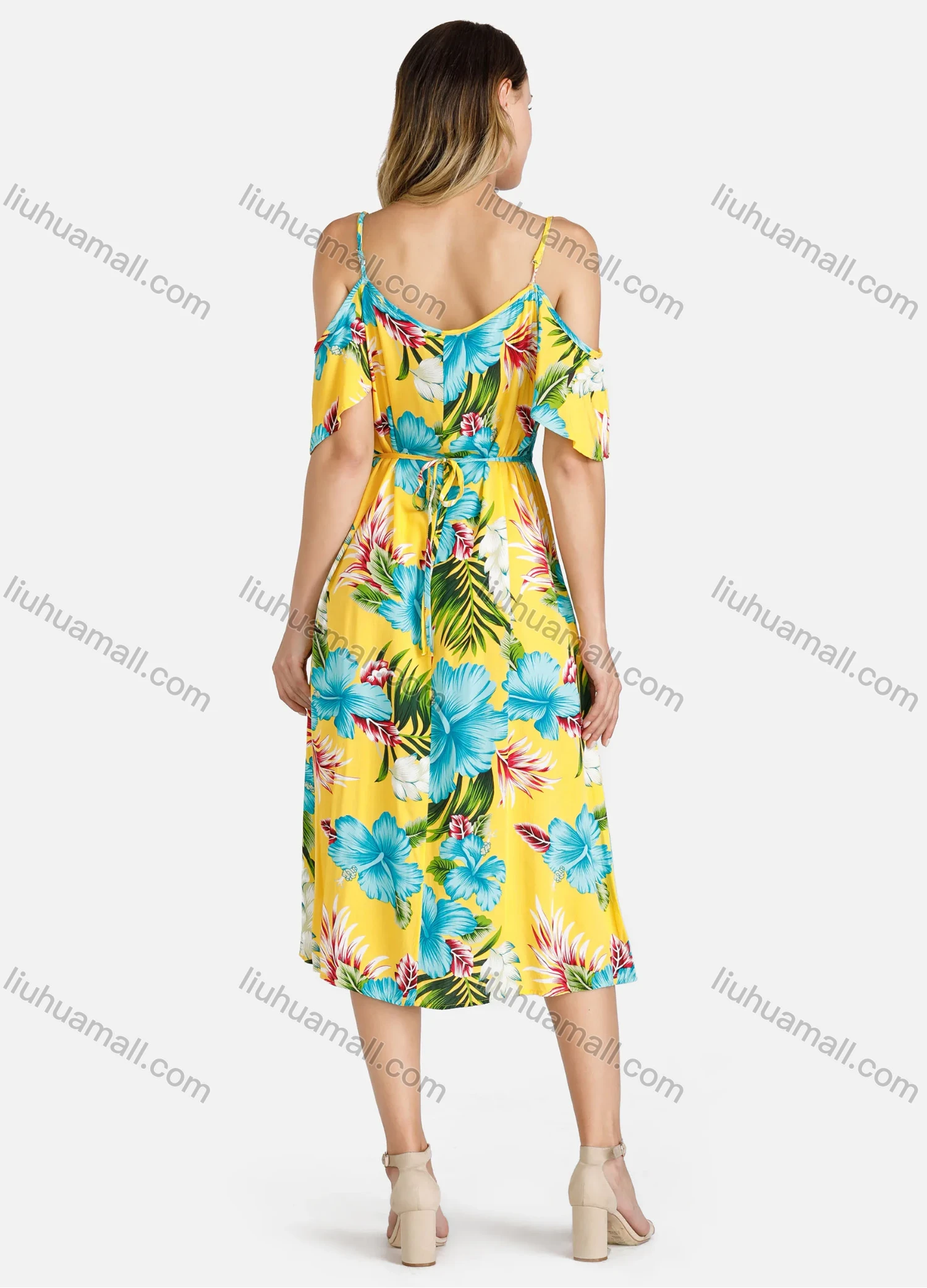 Wholesale Women's Spaghetti Strap Cold Shoulder Short Sleeve Tropical Floral Print High Wasit Cami Midi Dress - Liuhuamall