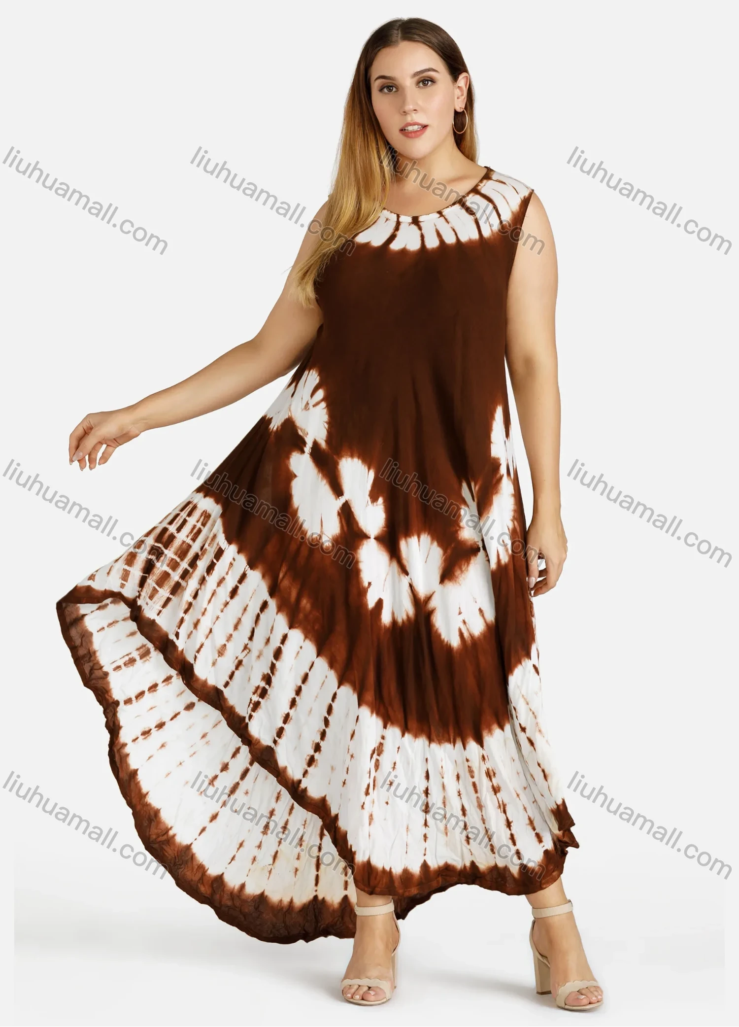Wholesale Women's Plus Size Round Neck Sleeveless Tie Dye Maxi Tank Dress - Liuhuamall