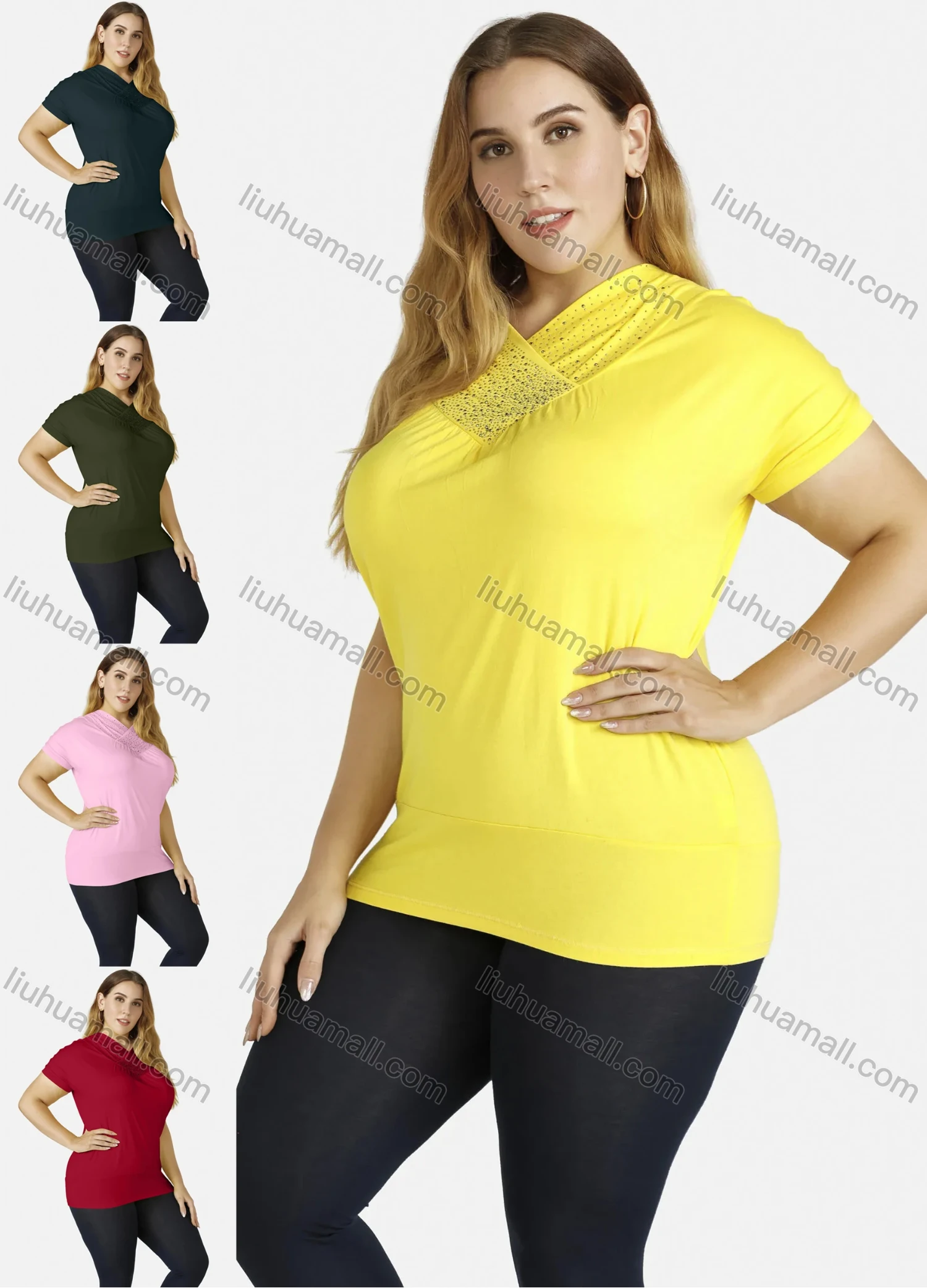 Wholesale Women's Plain Short Sleeve V Neck Rhinstone Blouse - Liuhuamall