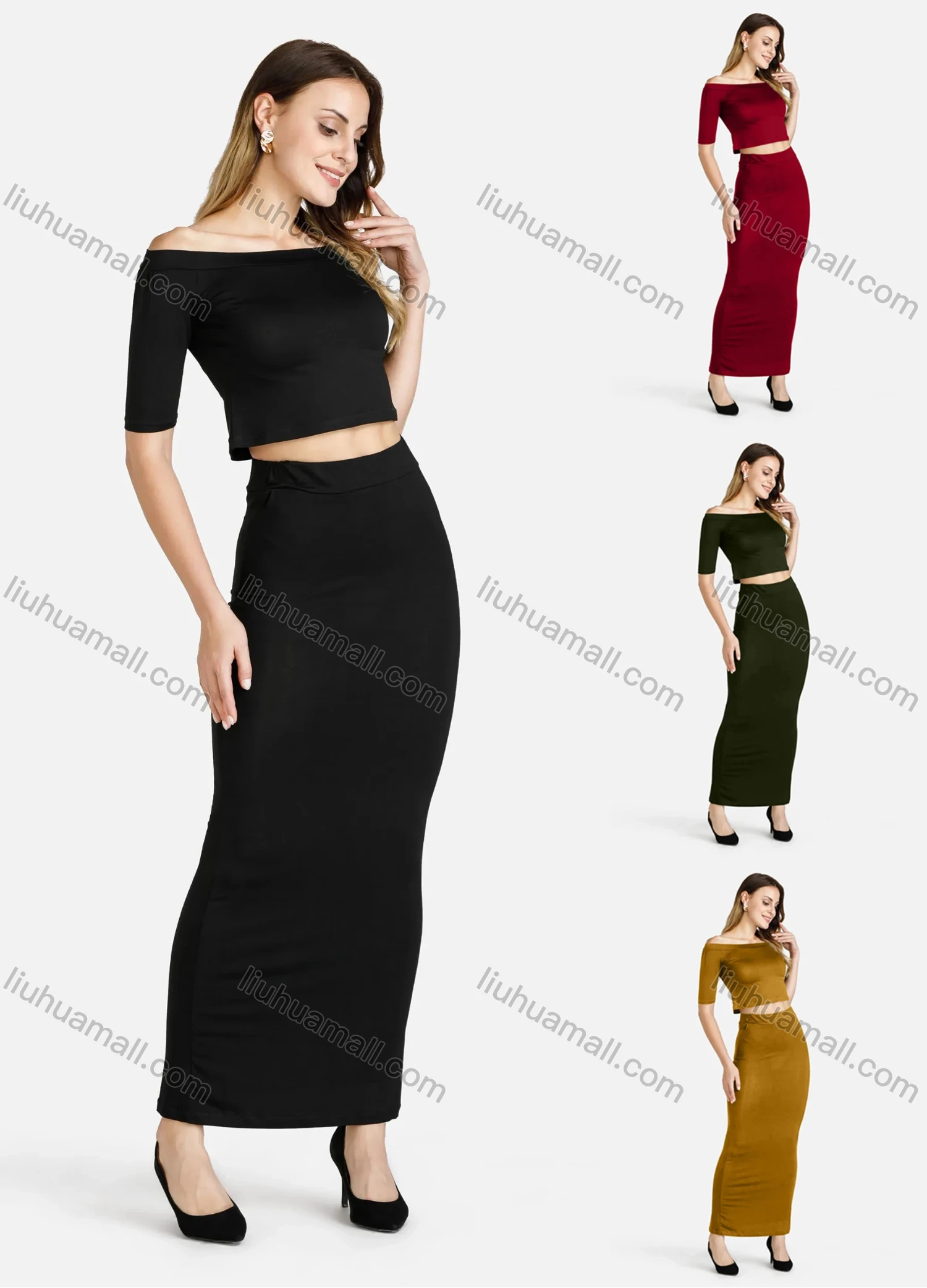 Wholesale Women's Off-Shoulder Neckline Top With Pencil Skirt 2 Piece Set - Liuhuamall