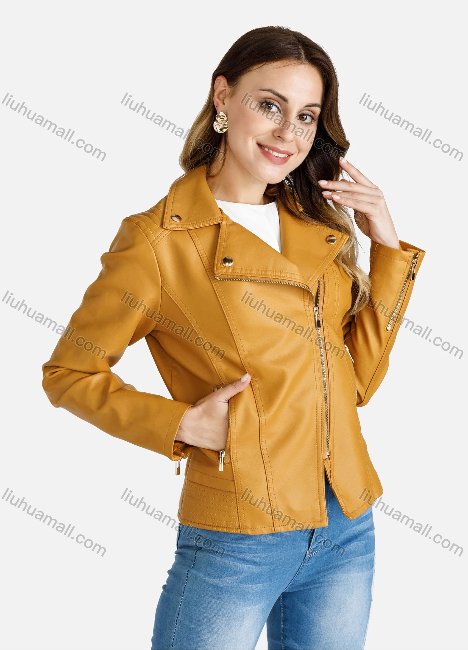 Wholesale Women's Casual Lapel Long Sleeve Zipper Slim Fit PU Leather Jacket With Zipper Pockets - Liuhuamall