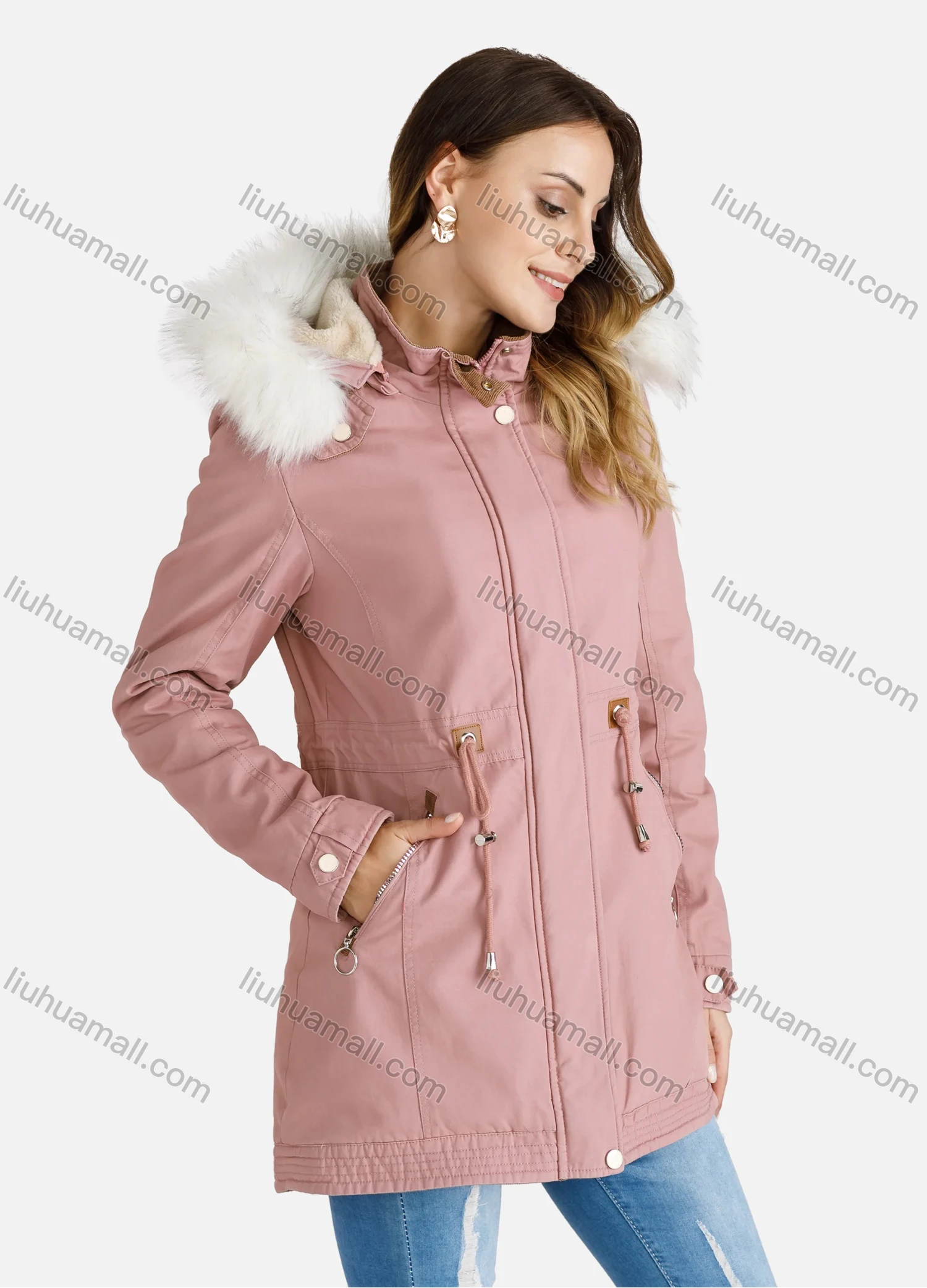 Wholesale Women's Faux Fur Hood Zipper Fuzzy Trim Hooded Parka Winter Coat - Liuhuamall