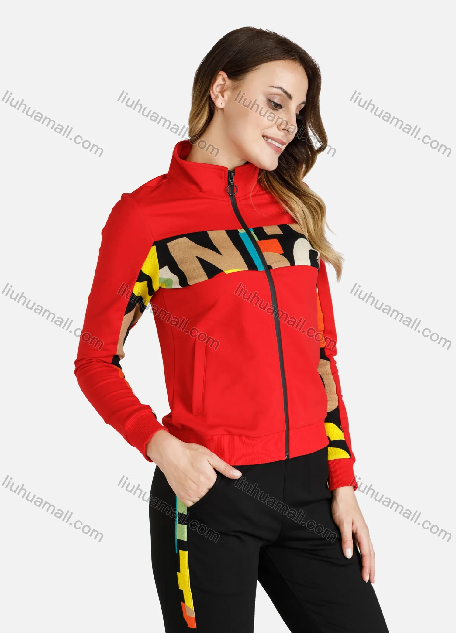 Wholesale Women's Slim Fit Stand Collar Letter Graphic Zip Up Active Casual Jacket - Liuhuamall
