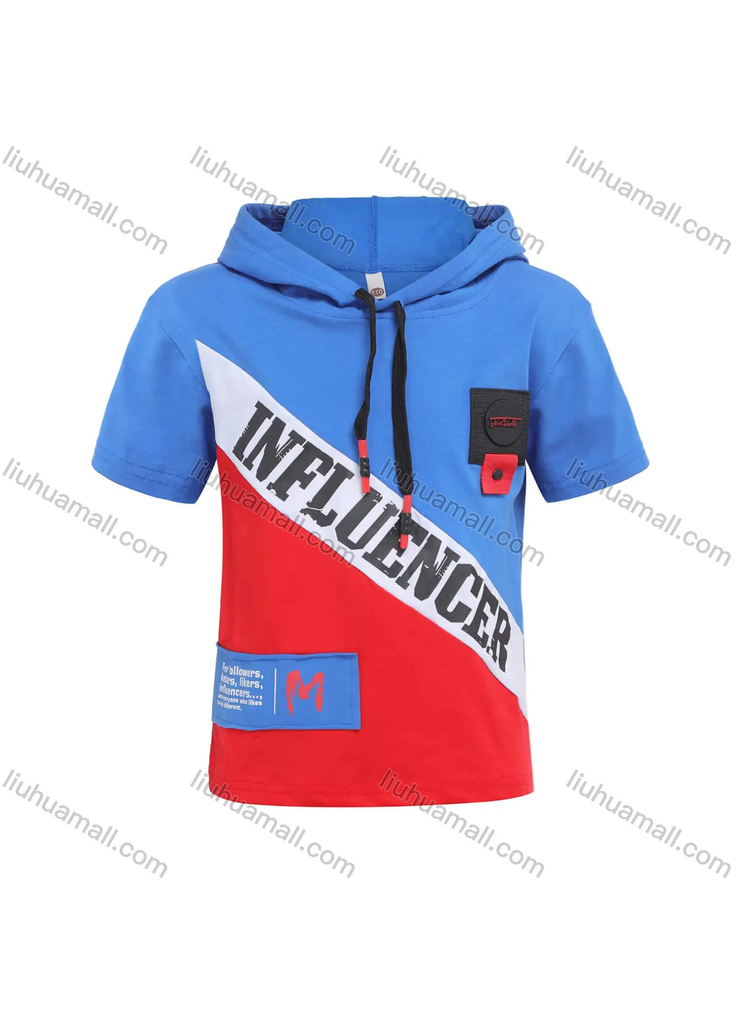 Wholesale Boys Casual Letter Print Drawstring Colorblock Short Sleeve Hoodie - Liuhuamall