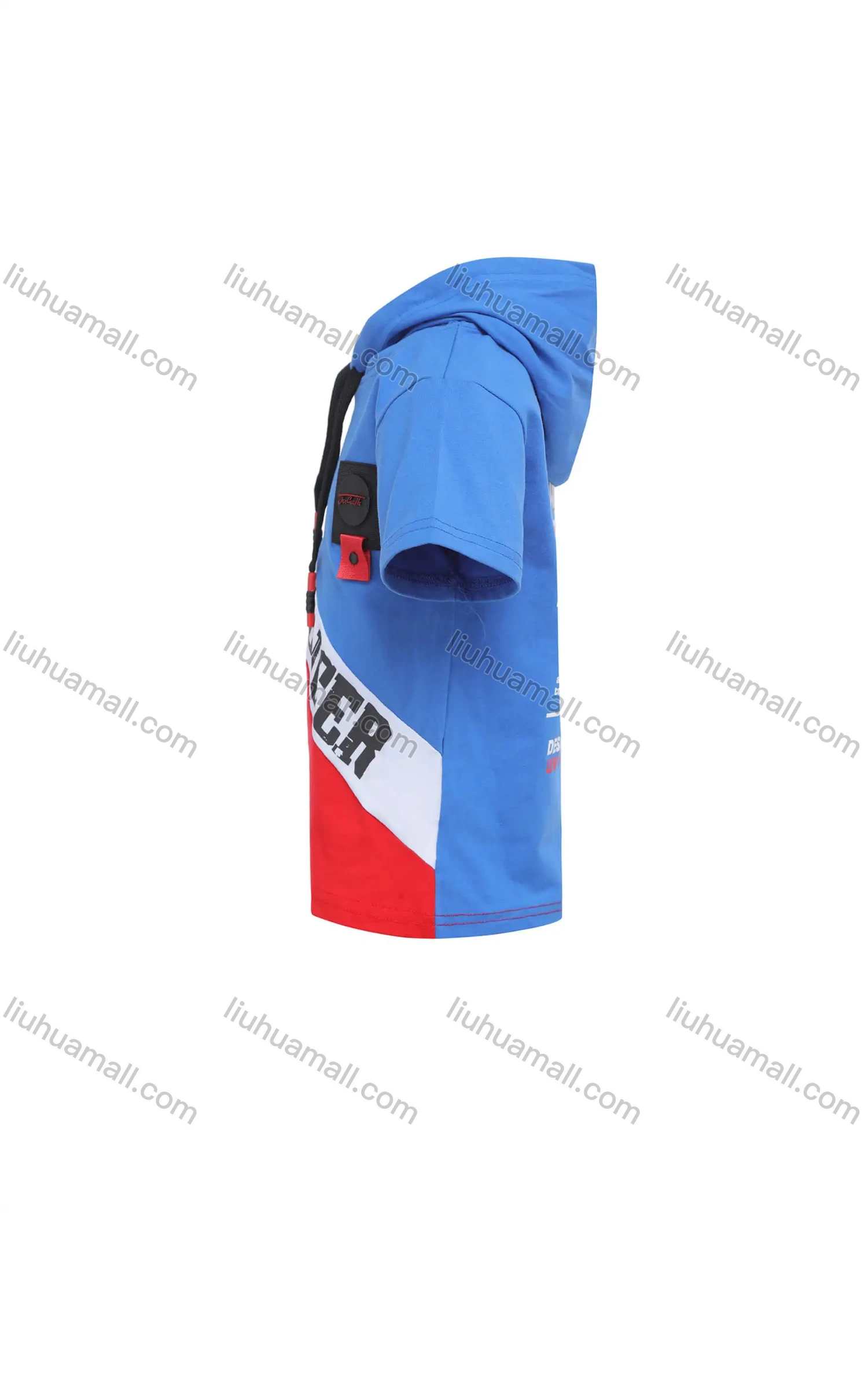 Wholesale Boys Casual Letter Print Drawstring Colorblock Short Sleeve Hoodie - Liuhuamall