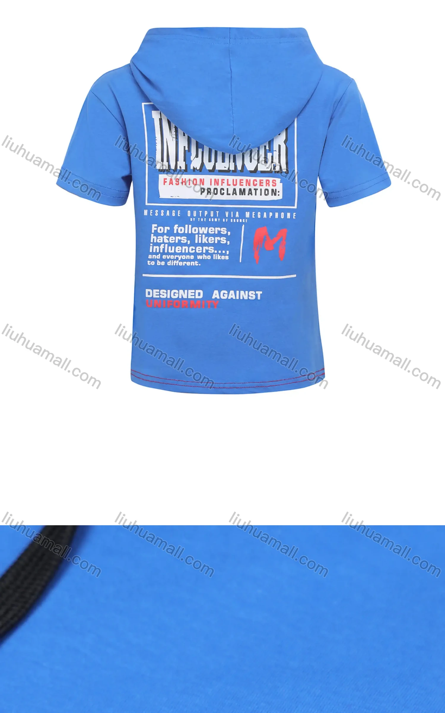 Wholesale Boys Casual Letter Print Drawstring Colorblock Short Sleeve Hoodie - Liuhuamall