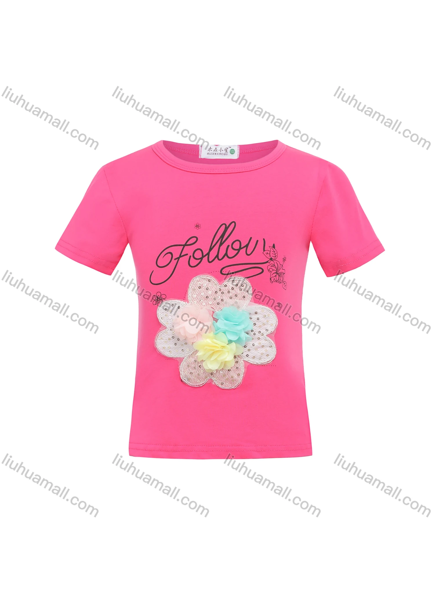 Wholesale Girls Casual Round Neck Sequins 3D Floral Applique Letter Print Short Sleeve Tee - Liuhuamall