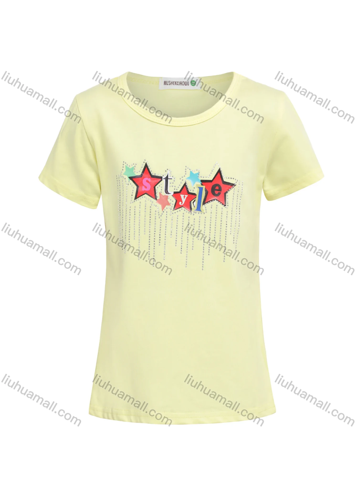 Wholesale Girls Casual Stars Graphic Rhinestones Round Neck Short Sleeve Tee - Liuhuamall