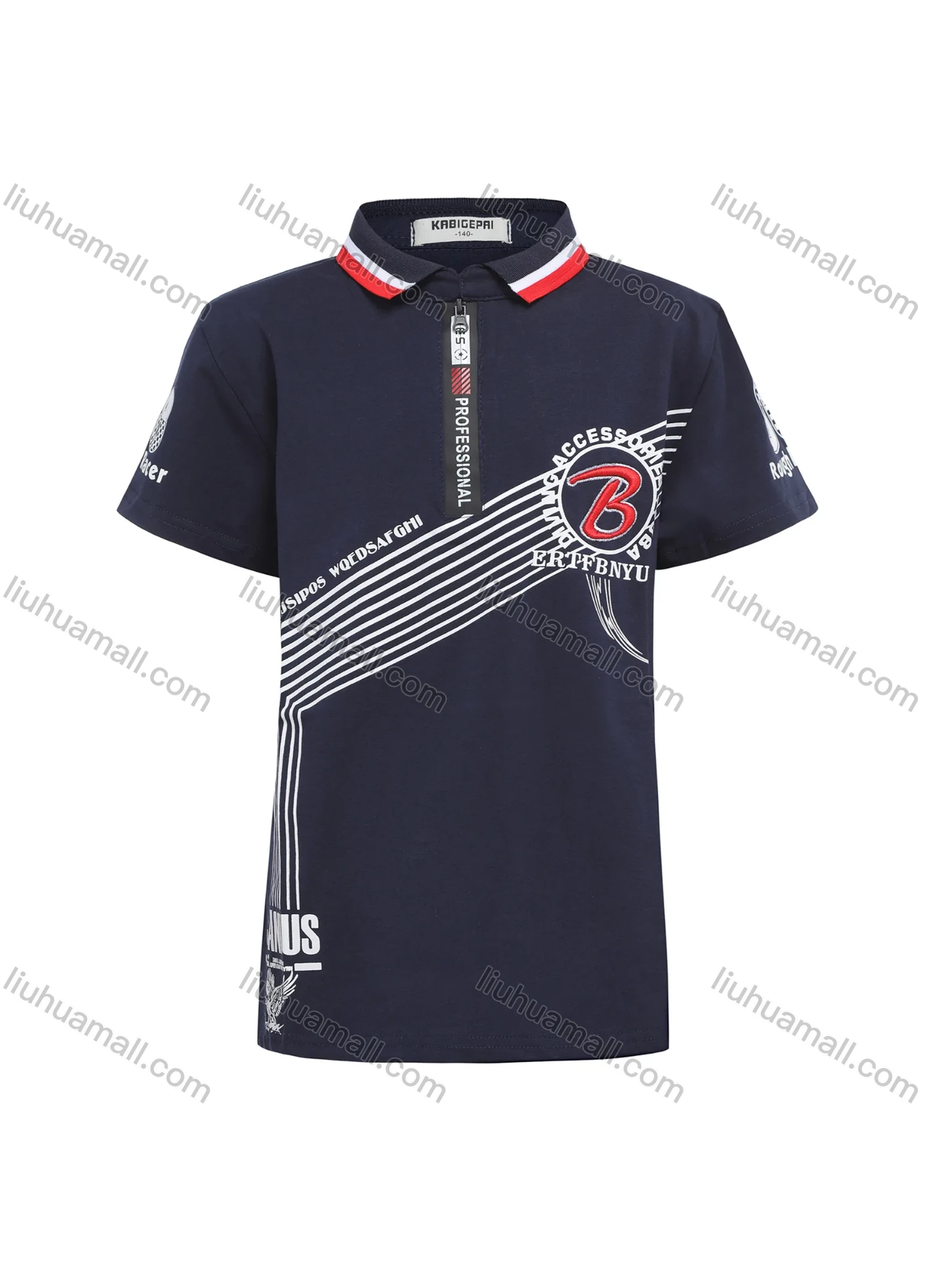 Wholesale Boy's Casual Number Print Quarter Zip Striped Short Sleeve Polo Shirt - Liuhuamall