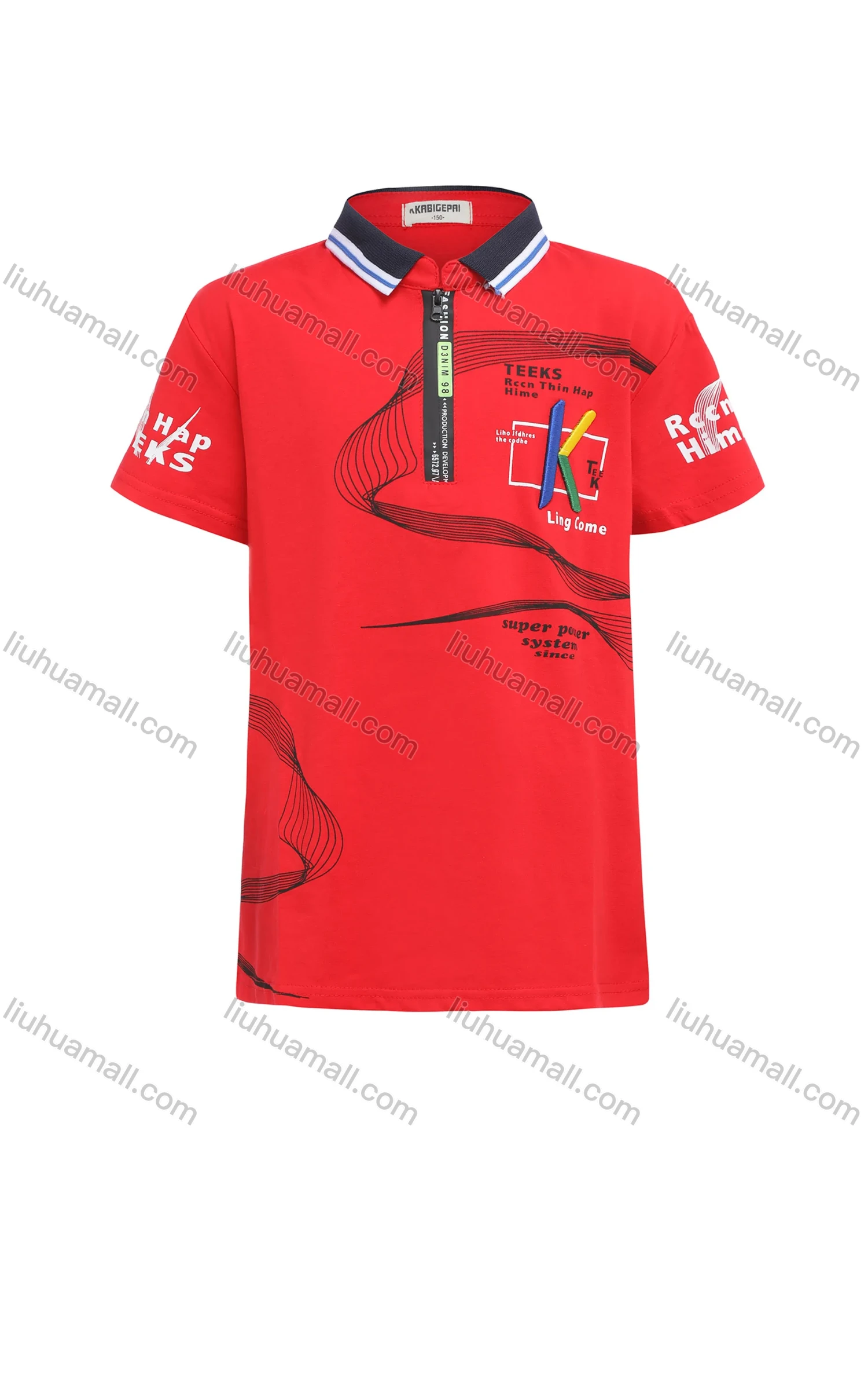 Wholesale Boy's Casual Letter Print Embroidered Quarter Zip Short Sleeve Polo Shirt - Liuhuamall