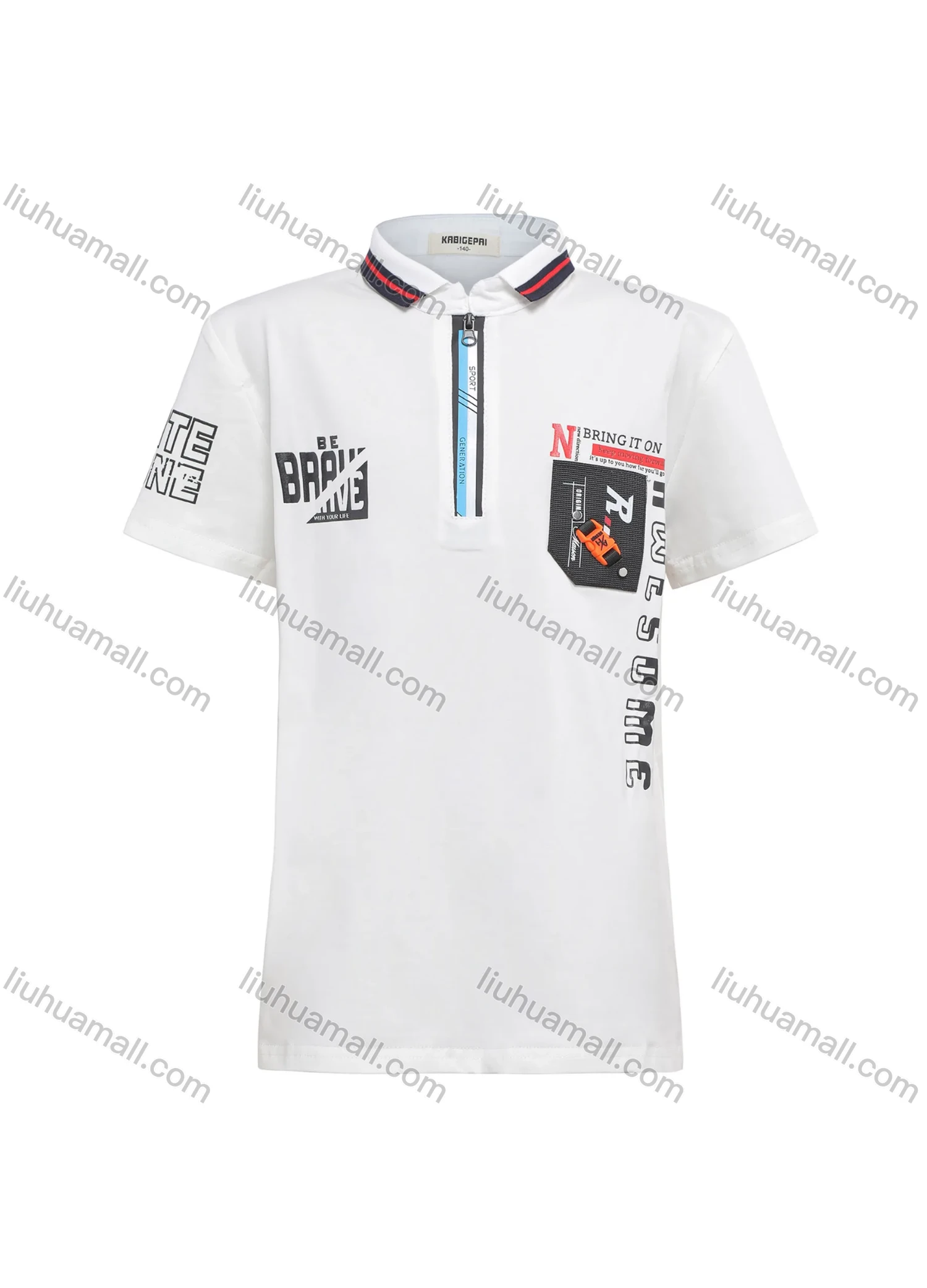 Wholesale Boy's Casual Letter Graphic Quarter Zip Adorn Buckle Short Sleeve Polo Shirt - Liuhuamall