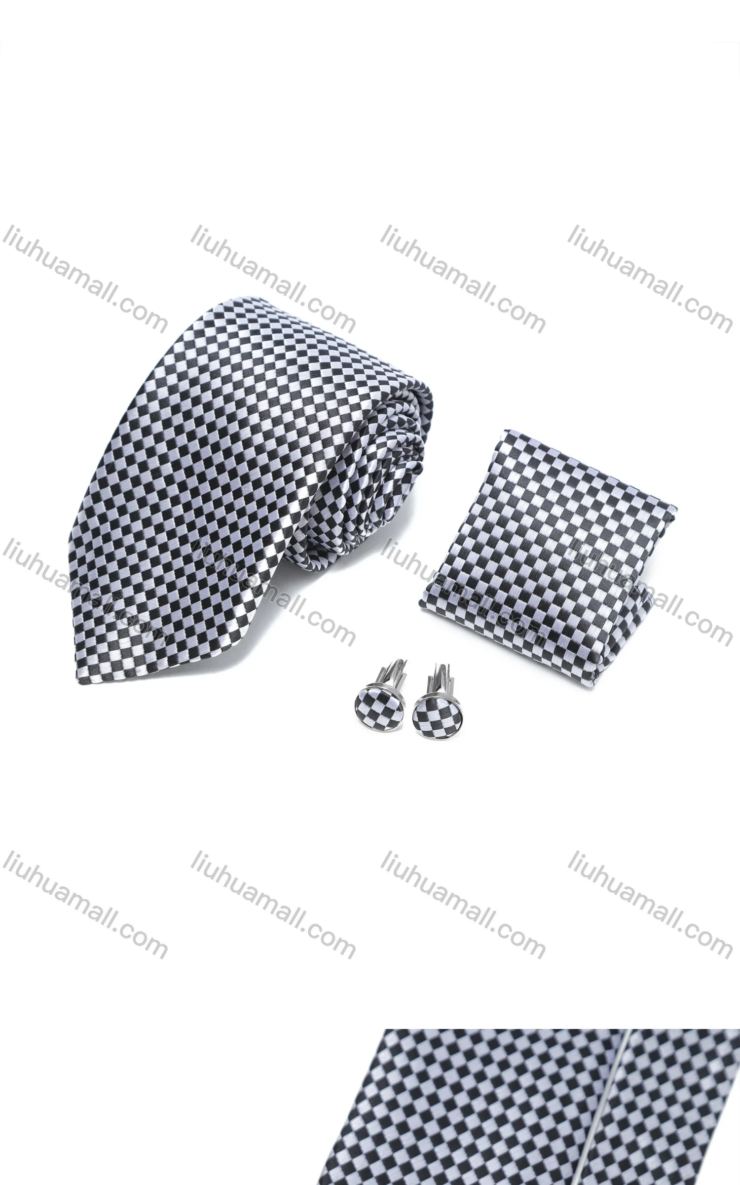 Wholesale Men's Business Formal Checkerboard Ties & Pocket Square & Cufflinks Sets - Liuhuamall