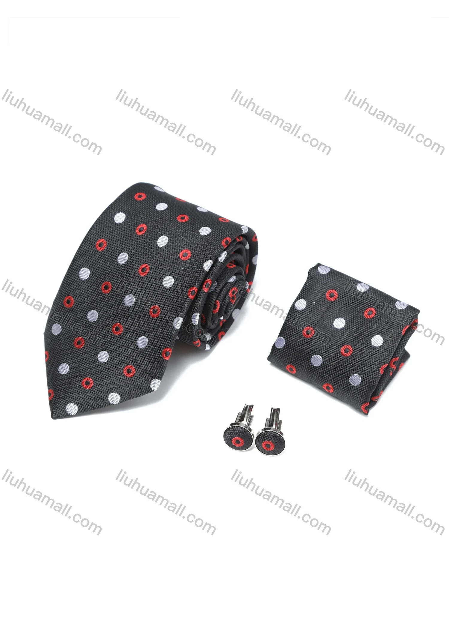 Wholesale Men's Business Formal Polka Dot Contrast Ties & Pocket Square & Cufflinks Sets - Liuhuamall