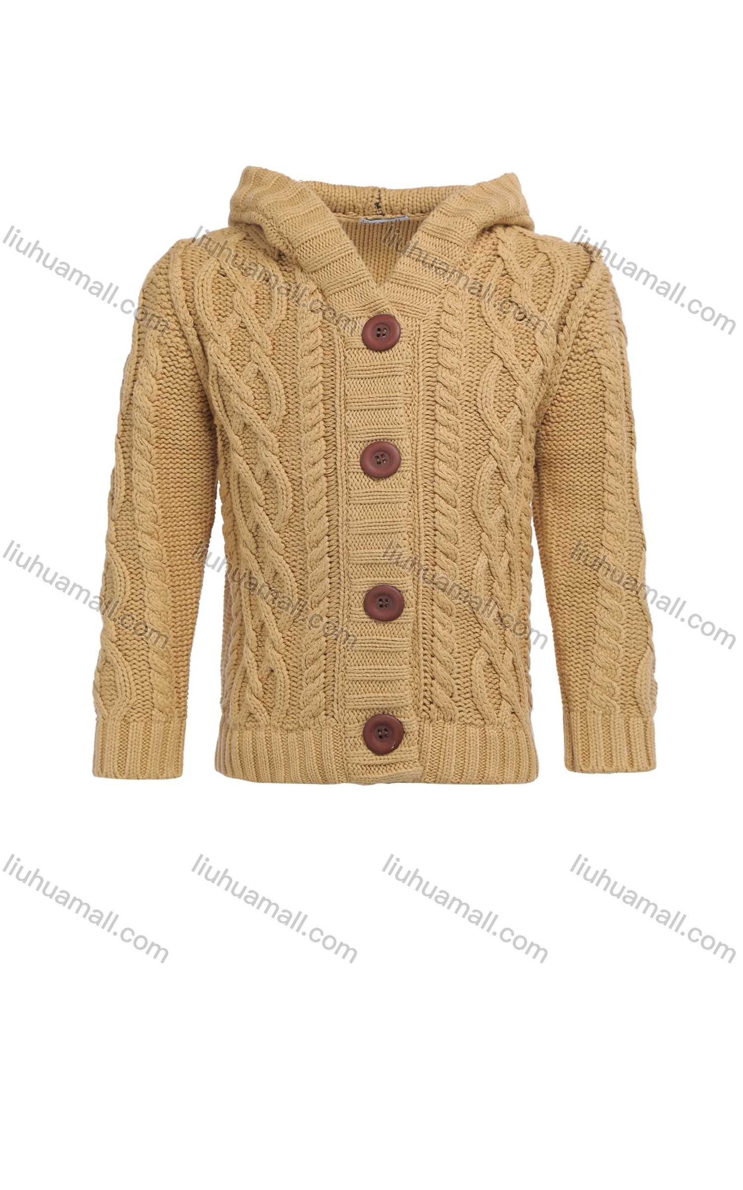 Wholesale Kids Wool Long Sleeve Hooded Button Front Cable Knit Sweater Cardigan - Liuhuamall