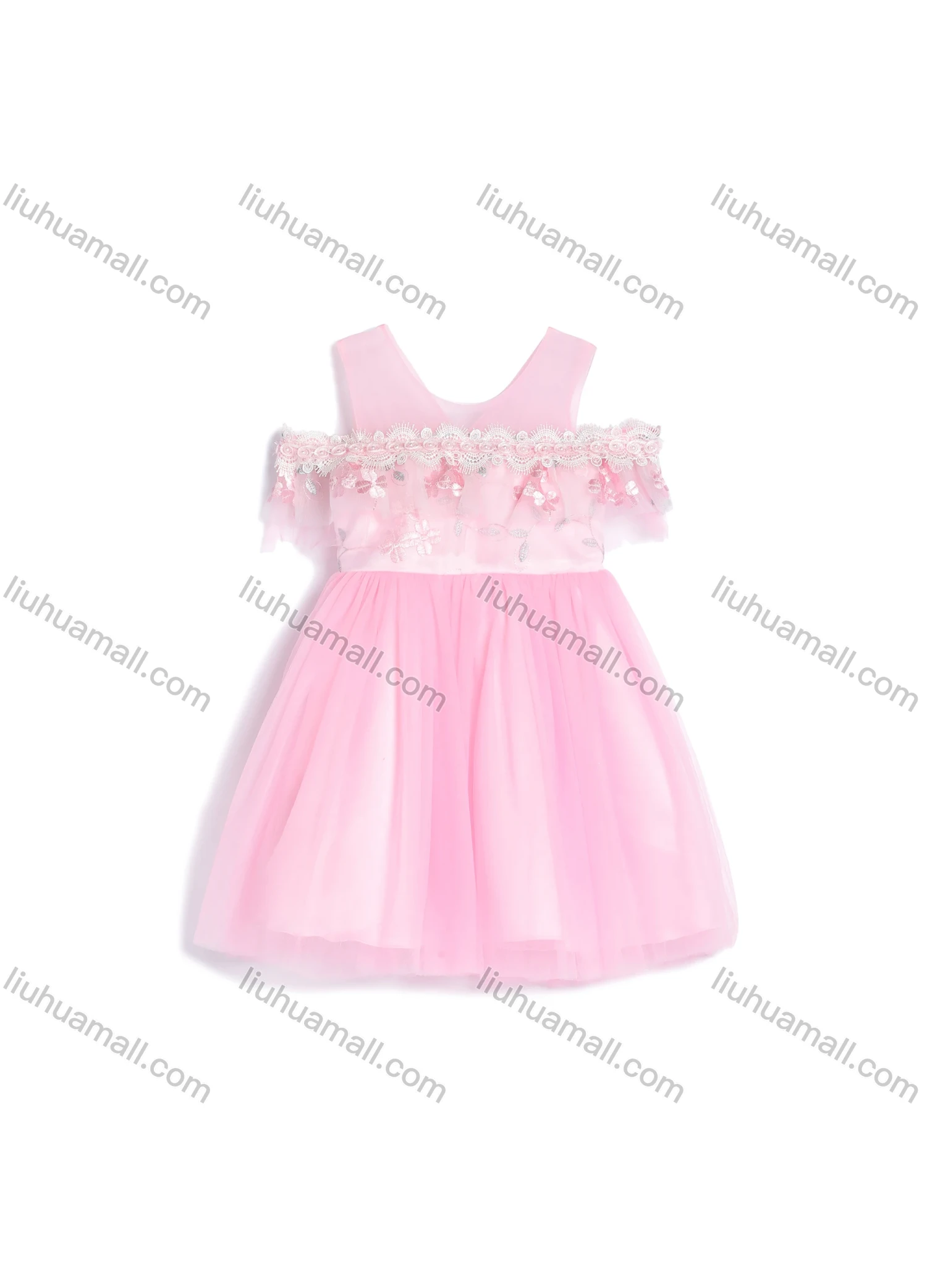 Wholesale Girls Cold Shoulder Embroidery Beads Eyelash Lace Sequin Flower Girl Dress - Liuhuamall