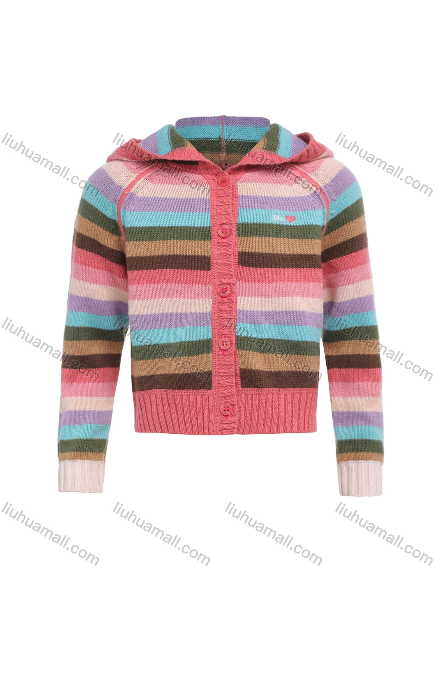 Wholesale Girls Long Sleeve Hooded Sweater Button Front Cardigan Colorful Striped Knitted Jacket - Liuhuamall