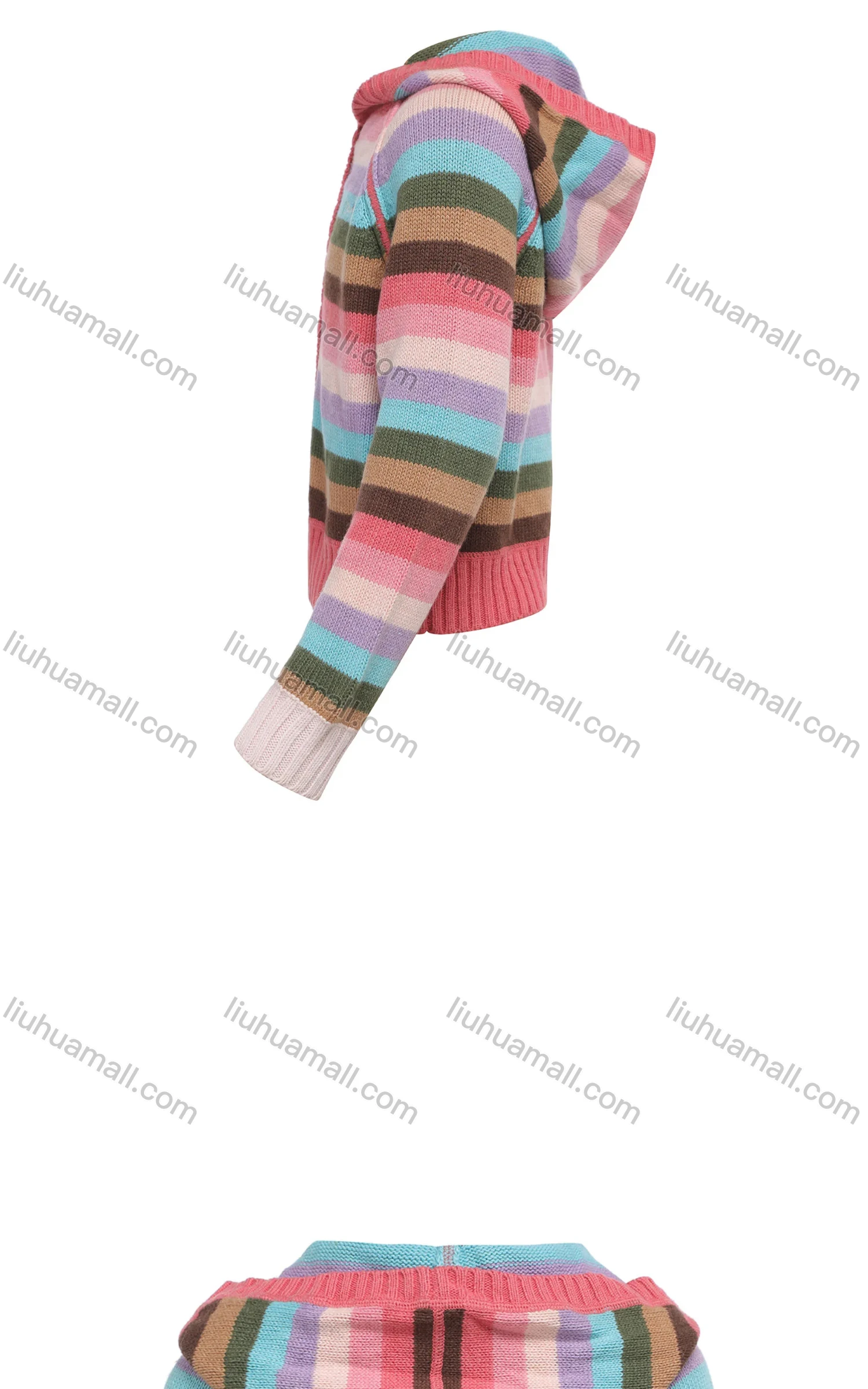 Wholesale Girls Long Sleeve Hooded Sweater Button Front Cardigan Colorful Striped Knitted Jacket - Liuhuamall