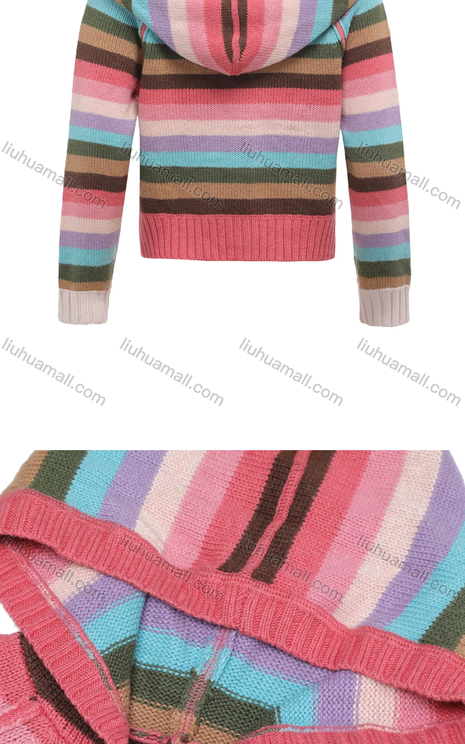 Wholesale Girls Long Sleeve Hooded Sweater Button Front Cardigan Colorful Striped Knitted Jacket - Liuhuamall