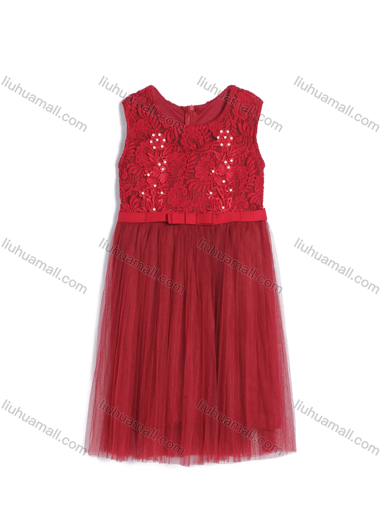 Wholesale Girls Sleeveless Zip Back Embroidery Beads Lace Flower Girl Dress - Liuhuamall