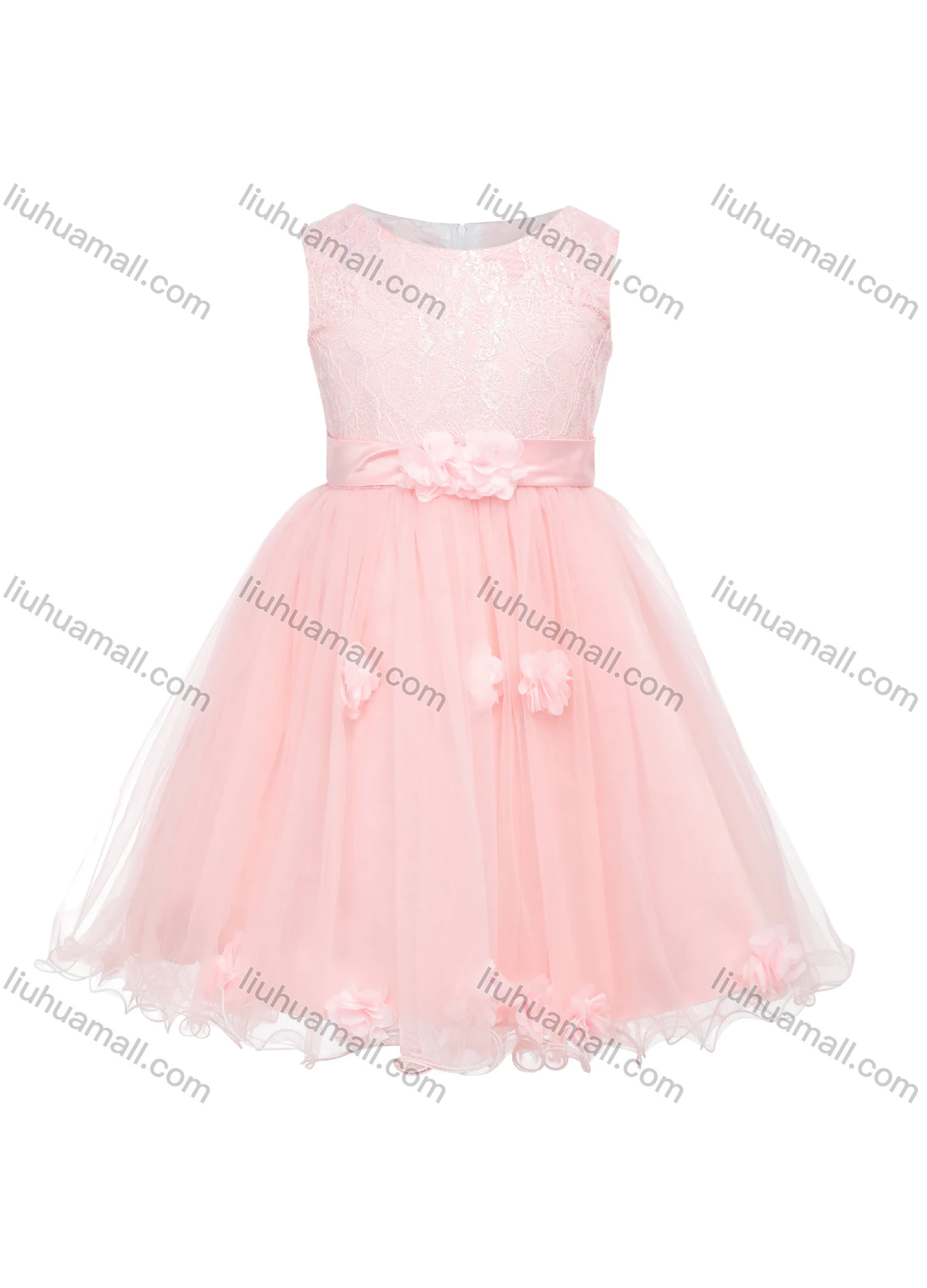 Wholesale Girls Sleeveless 3D Floral Appliques Belted Lace Flower Girl Dress - Liuhuamall