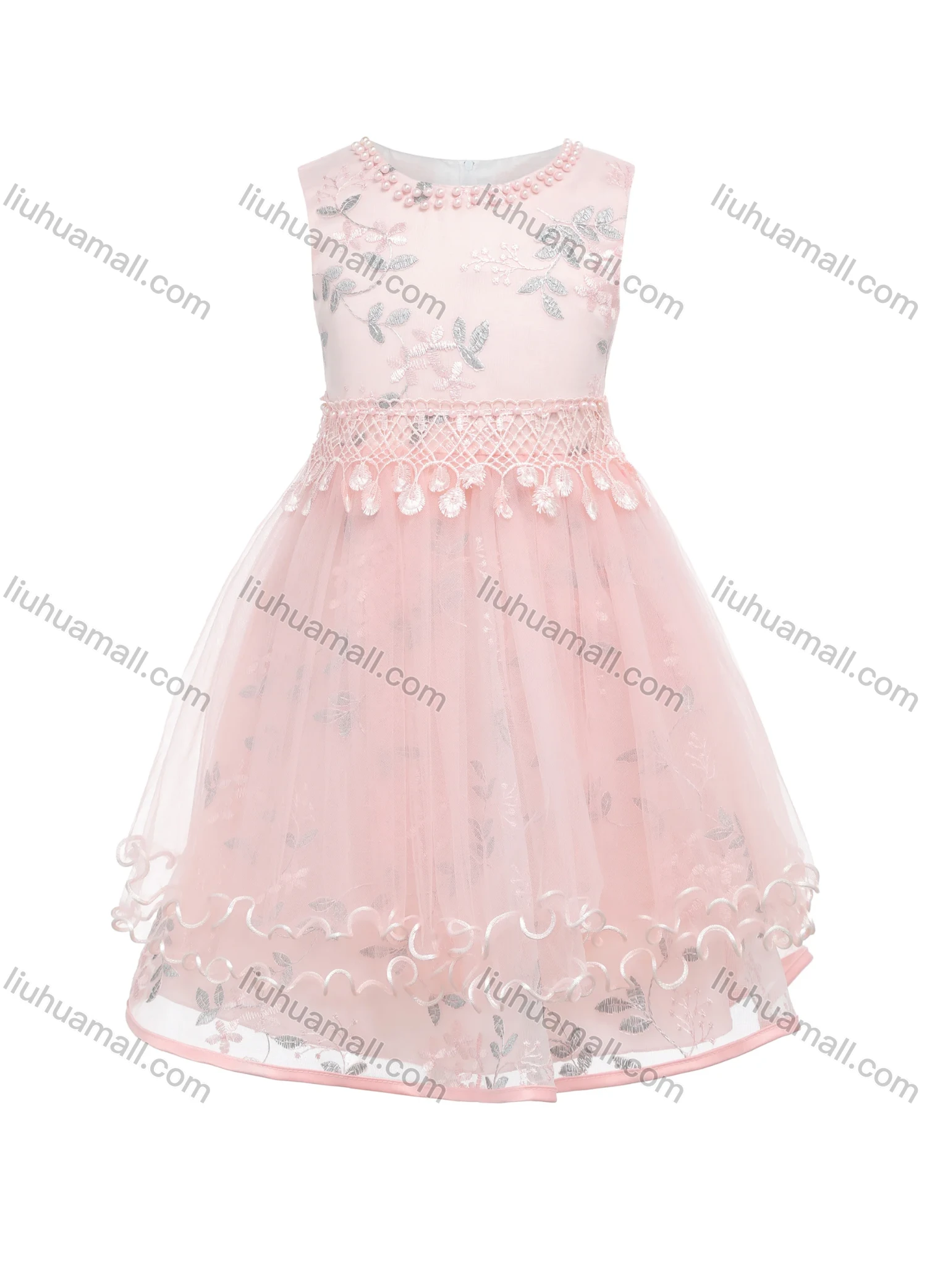Wholesale Girls 3D Floral Embroidery Lace Layered Hem Flower Girl Dress - Liuhuamall