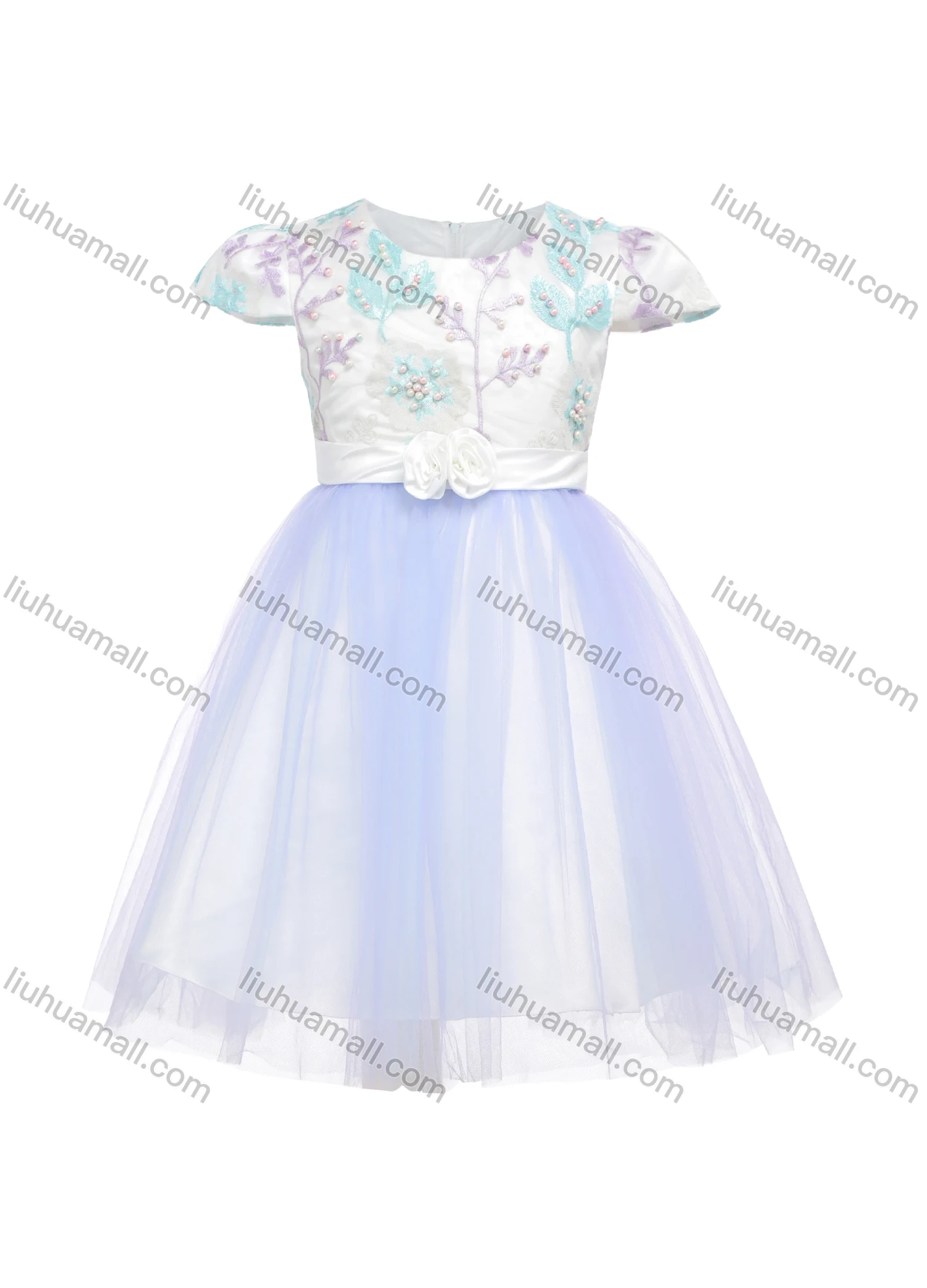 Wholesale Girls Cap Sleeve 3D Floral Embroidery Zip Back Lace Flower Girl Dress - Liuhuamall