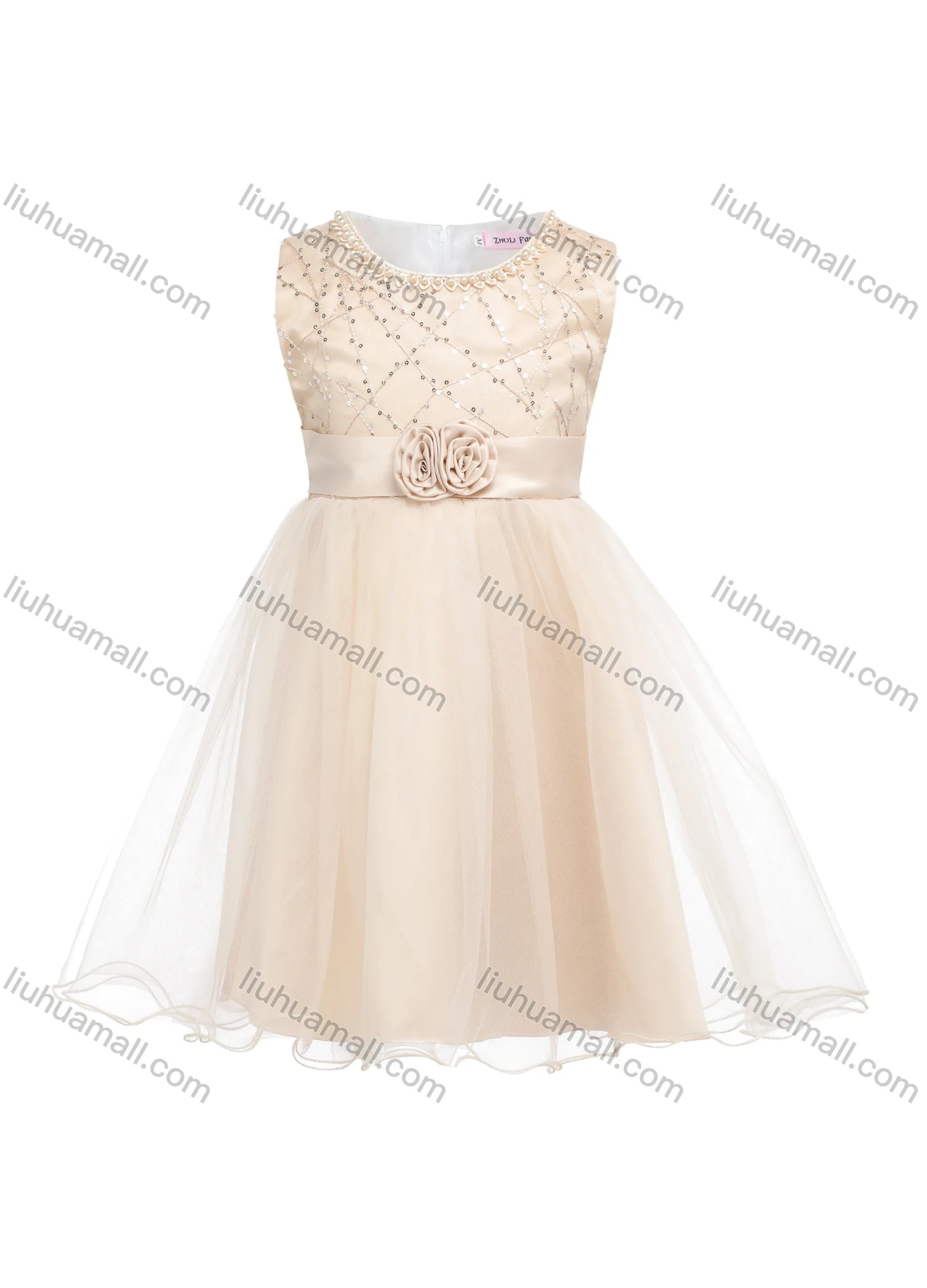 Wholesale Girls Sleeveless 3D Floral Sequin Lace Flower Girl Dress - Liuhuamall