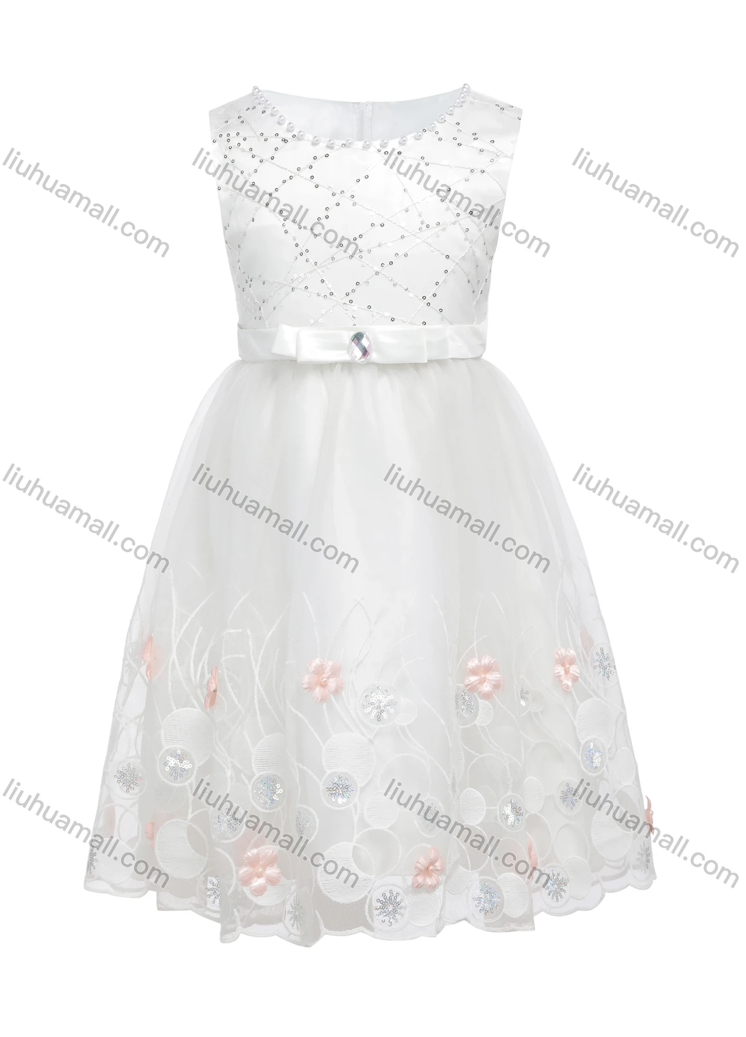 Wholesale Girls Sleeveless Appliques Bow Front Zip Back Sequin Lace Flower Girl Dress - Liuhuamall