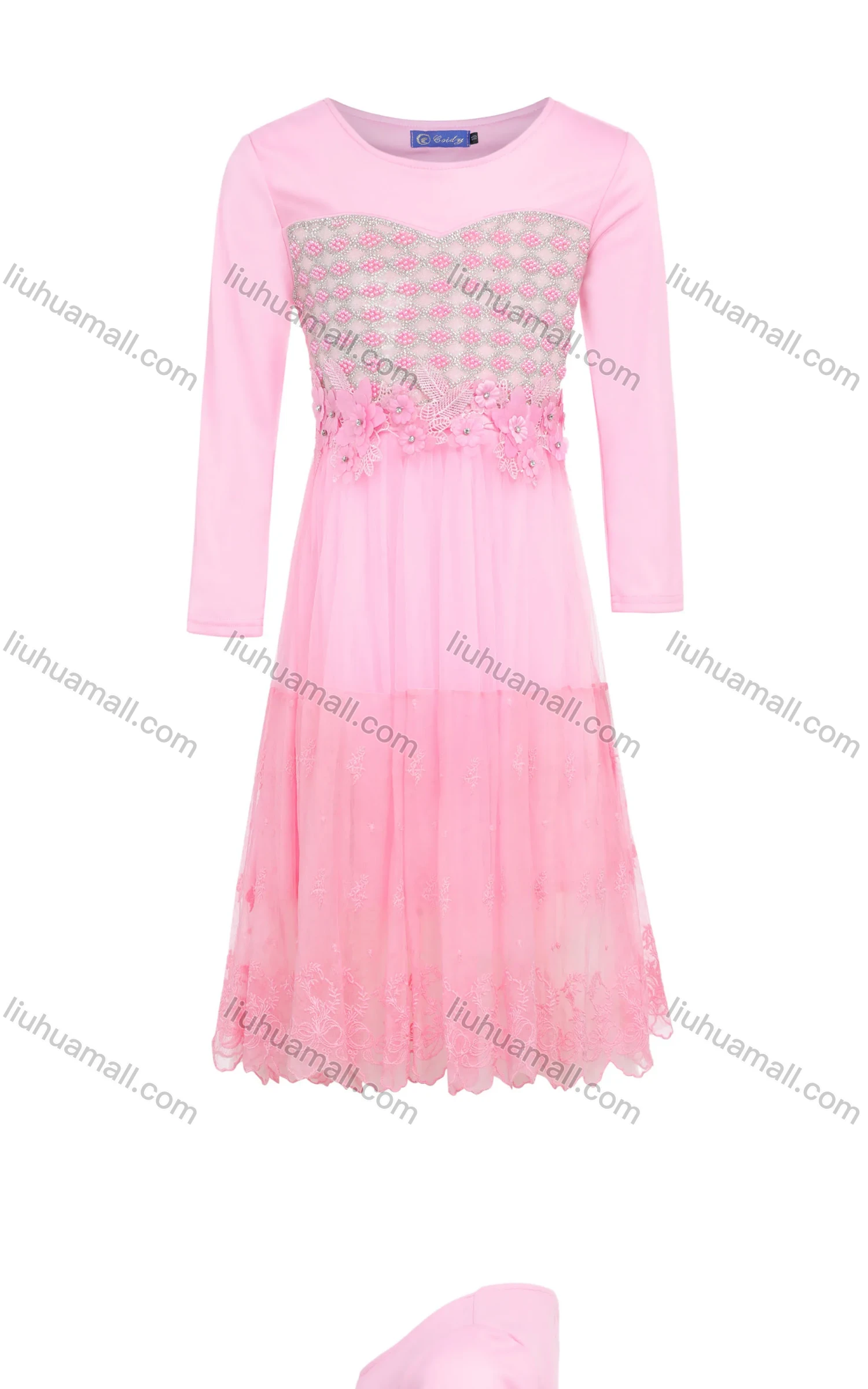 Wholesale Girls Elegant Crew Neck Long Sleeve 3D Floral Rhinestone Splicing Pearl Decor Dress - Liuhuamall