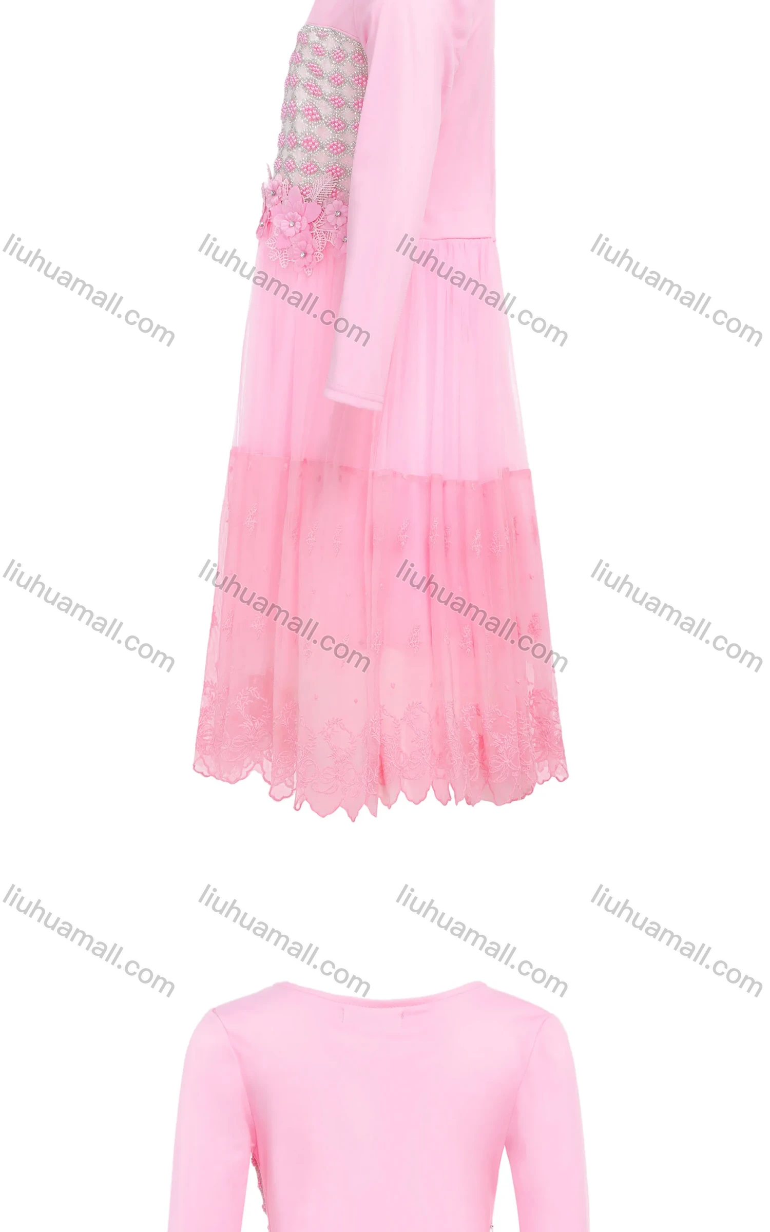 Wholesale Girls Elegant Crew Neck Long Sleeve 3D Floral Rhinestone Splicing Pearl Decor Dress - Liuhuamall