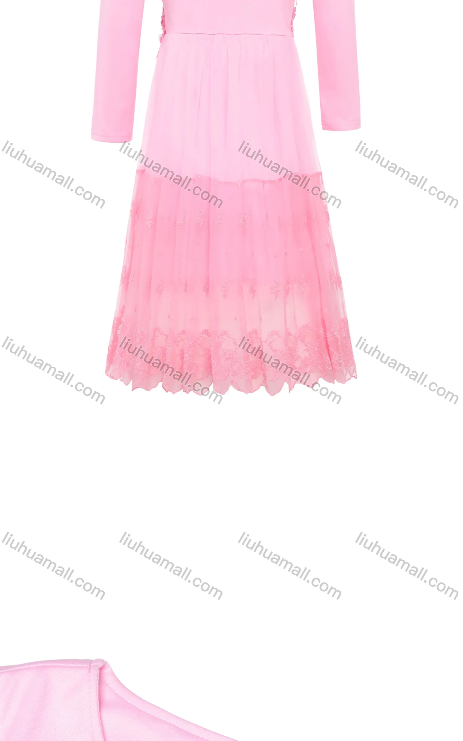 Wholesale Girls Elegant Crew Neck Long Sleeve 3D Floral Rhinestone Splicing Pearl Decor Dress - Liuhuamall