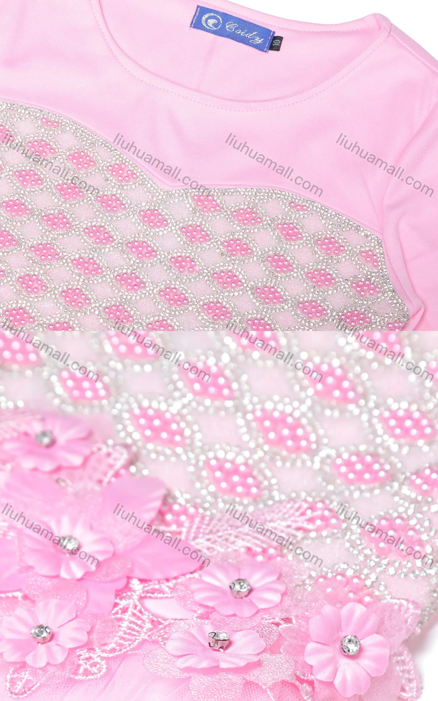 Wholesale Girls Elegant Crew Neck Long Sleeve 3D Floral Rhinestone Splicing Pearl Decor Dress - Liuhuamall