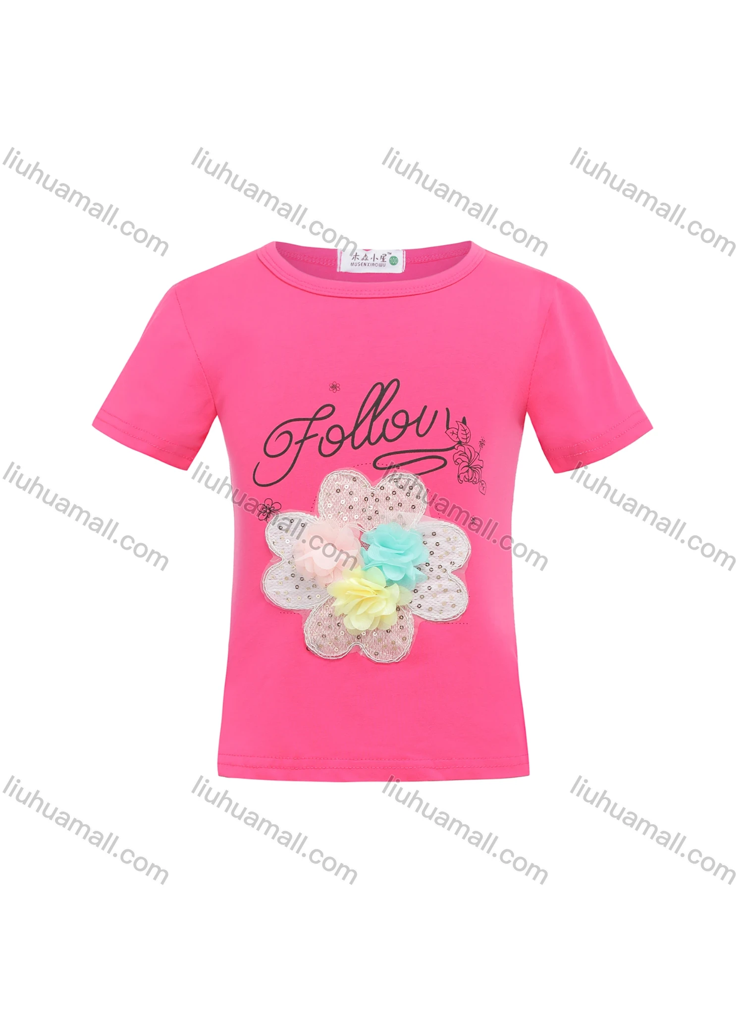 Wholesale Girls Casual Round Neck Sequins 3D Floral Applique Letter Print Short Sleeve Tee - Liuhuamall