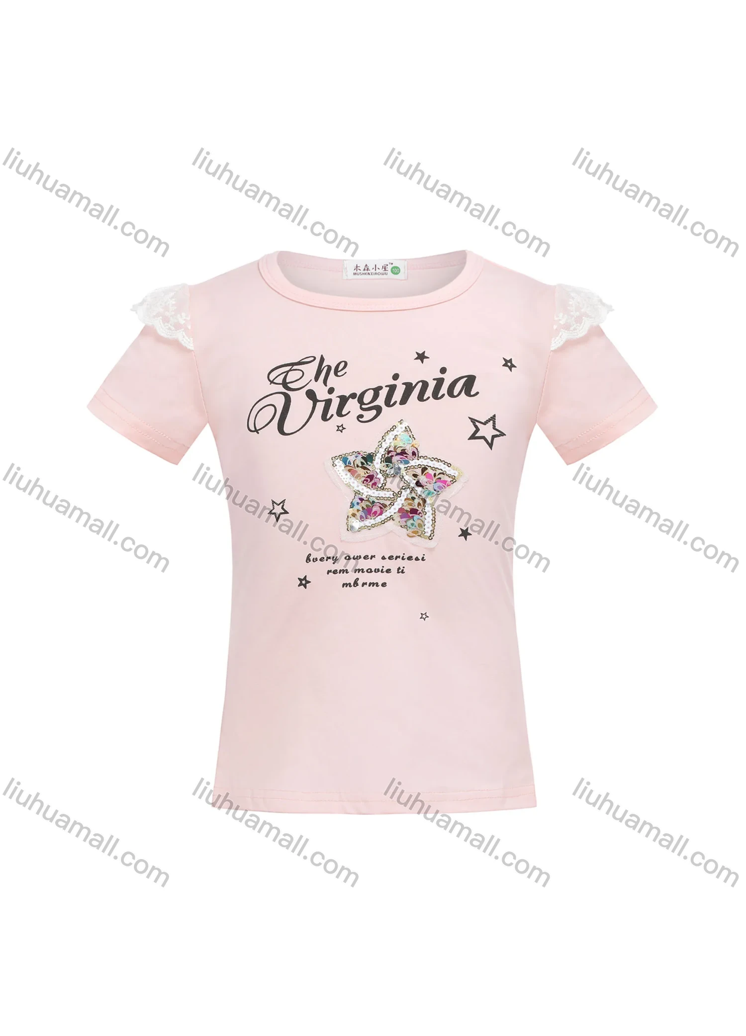 Wholesale Girls Casual Round Neck Letter Print Lace Trim Sequin Short Sleeve Tee - Liuhuamall