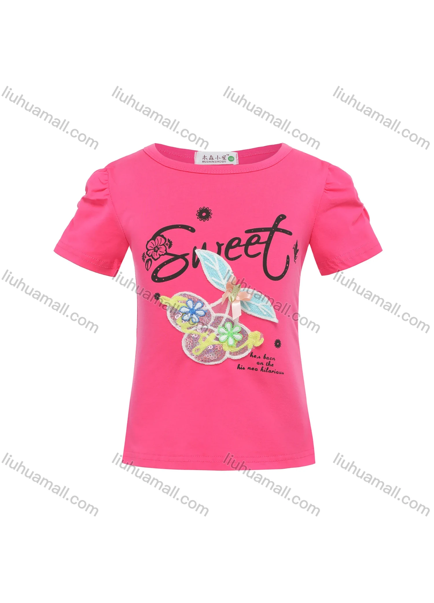 Wholesale Girls Casual Round Neck Letter Print Cherry Applique Sequin Short Sleeve Tee - Liuhuamall
