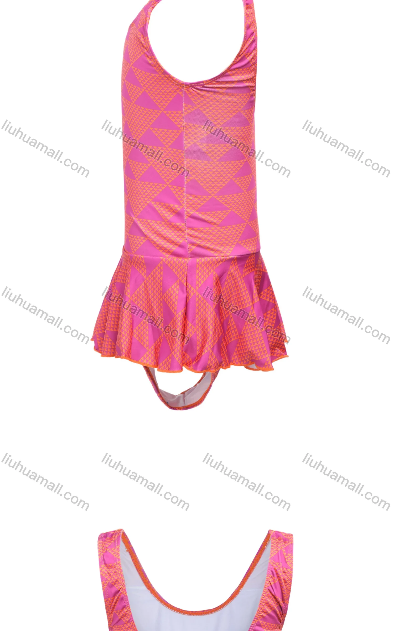 Wholesale Girls Vacation Crew Neck Sleeveless Ruffle Hem Geo Print One Piece Swimsuit - Liuhuamall