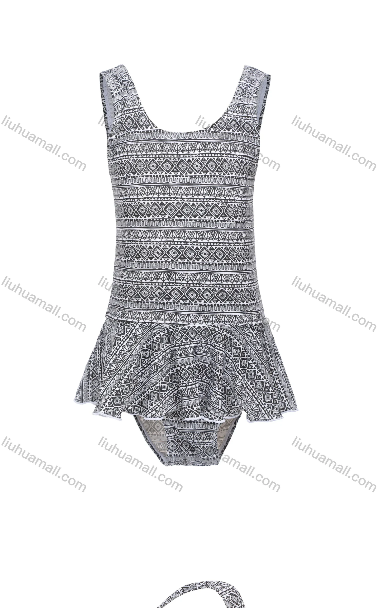 Wholesale Girls Vacation Crew Neck Sleeveless Ruffle Hem Vintage Print One Piece Swimsuit - Liuhuamall