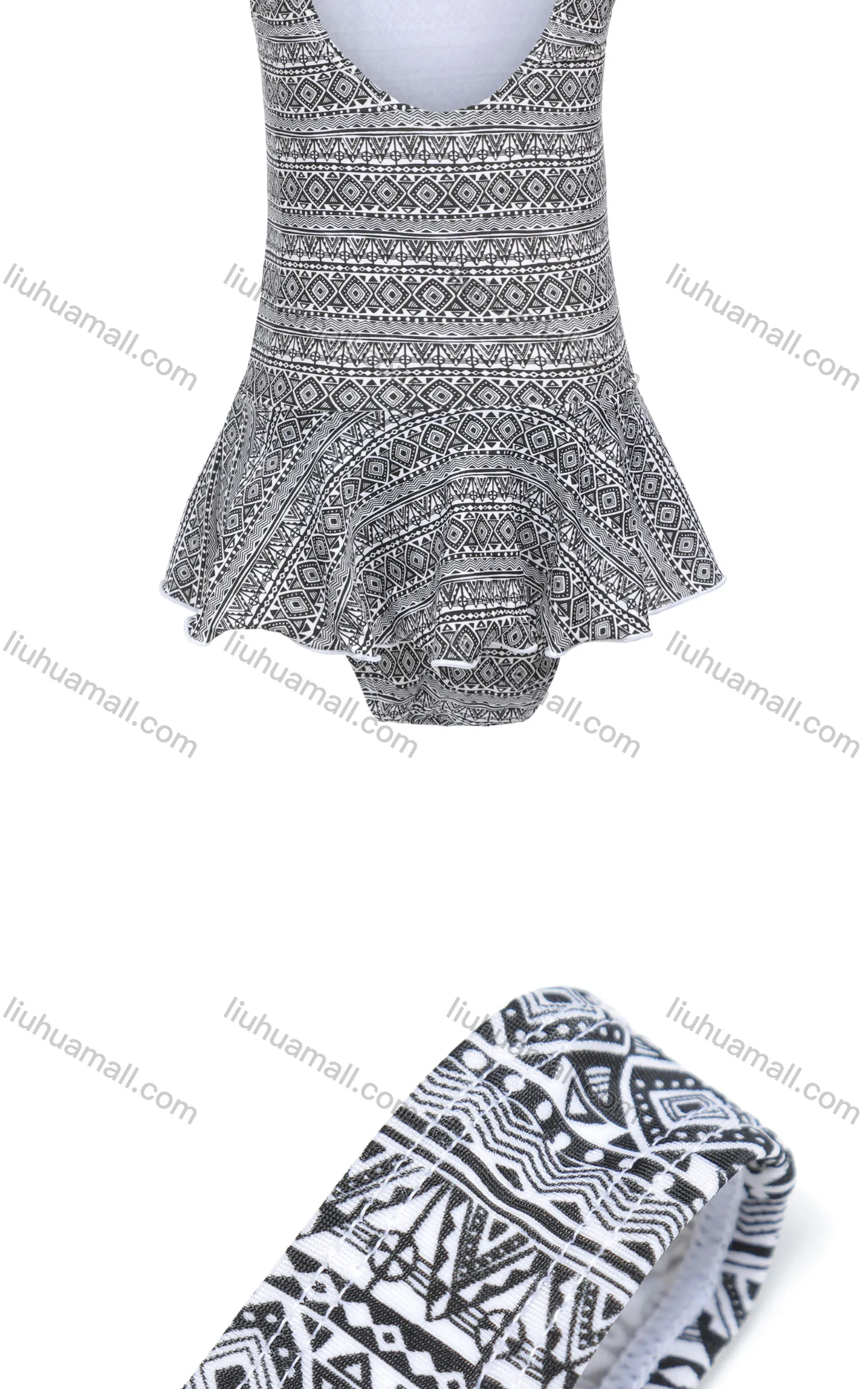 Wholesale Girls Vacation Crew Neck Sleeveless Ruffle Hem Vintage Print One Piece Swimsuit - Liuhuamall