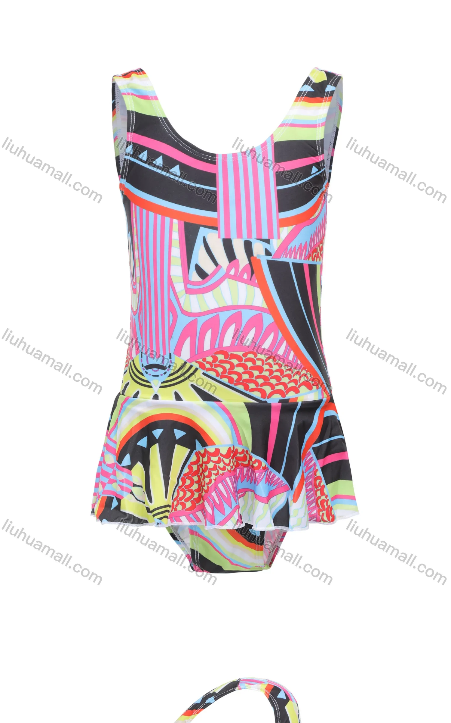 Wholesale Girls Vacation Crew Neck Sleeveless Ruffle Hem Abstract Print One Piece Swimsuit - Liuhuamall