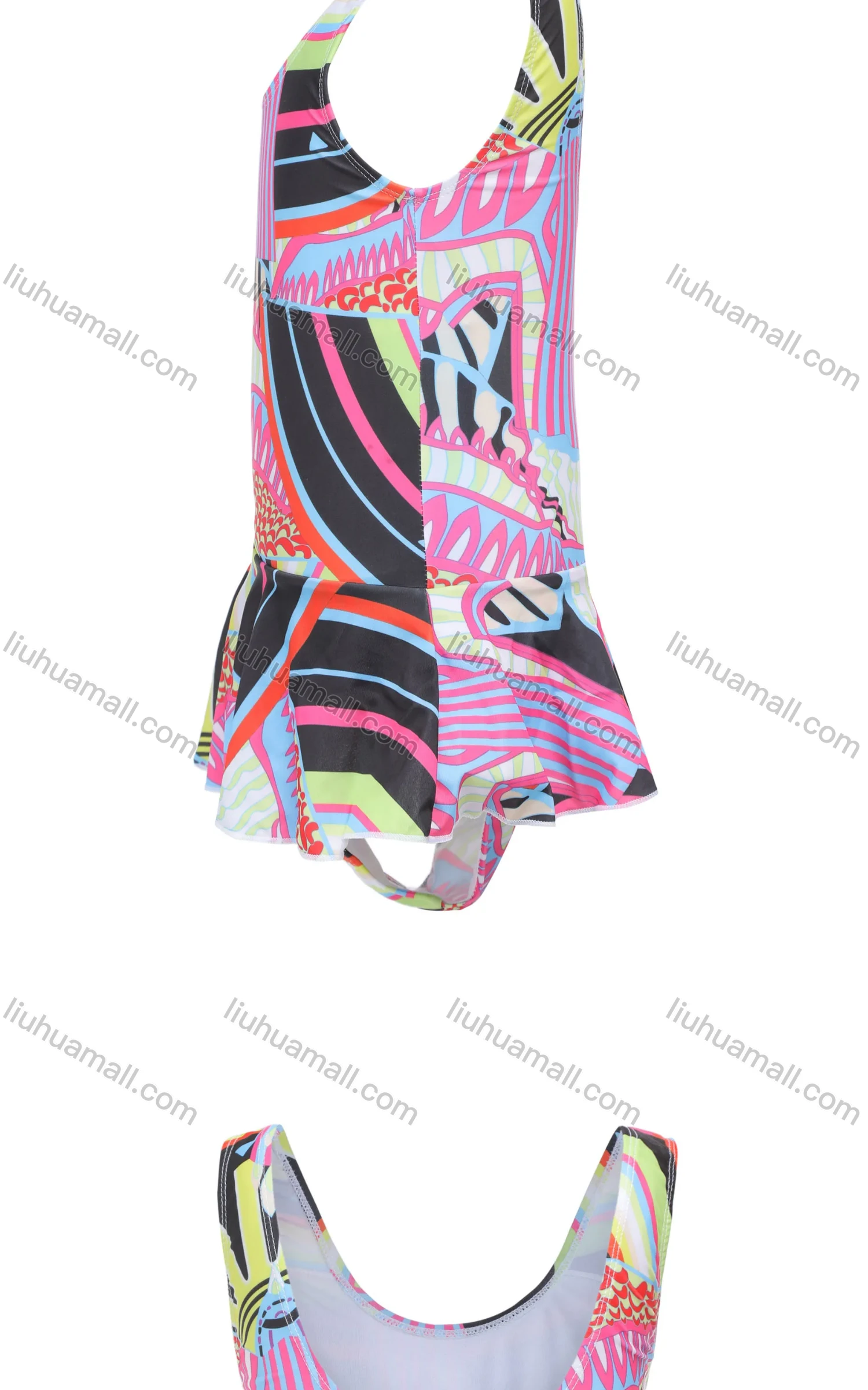 Wholesale Girls Vacation Crew Neck Sleeveless Ruffle Hem Abstract Print One Piece Swimsuit - Liuhuamall