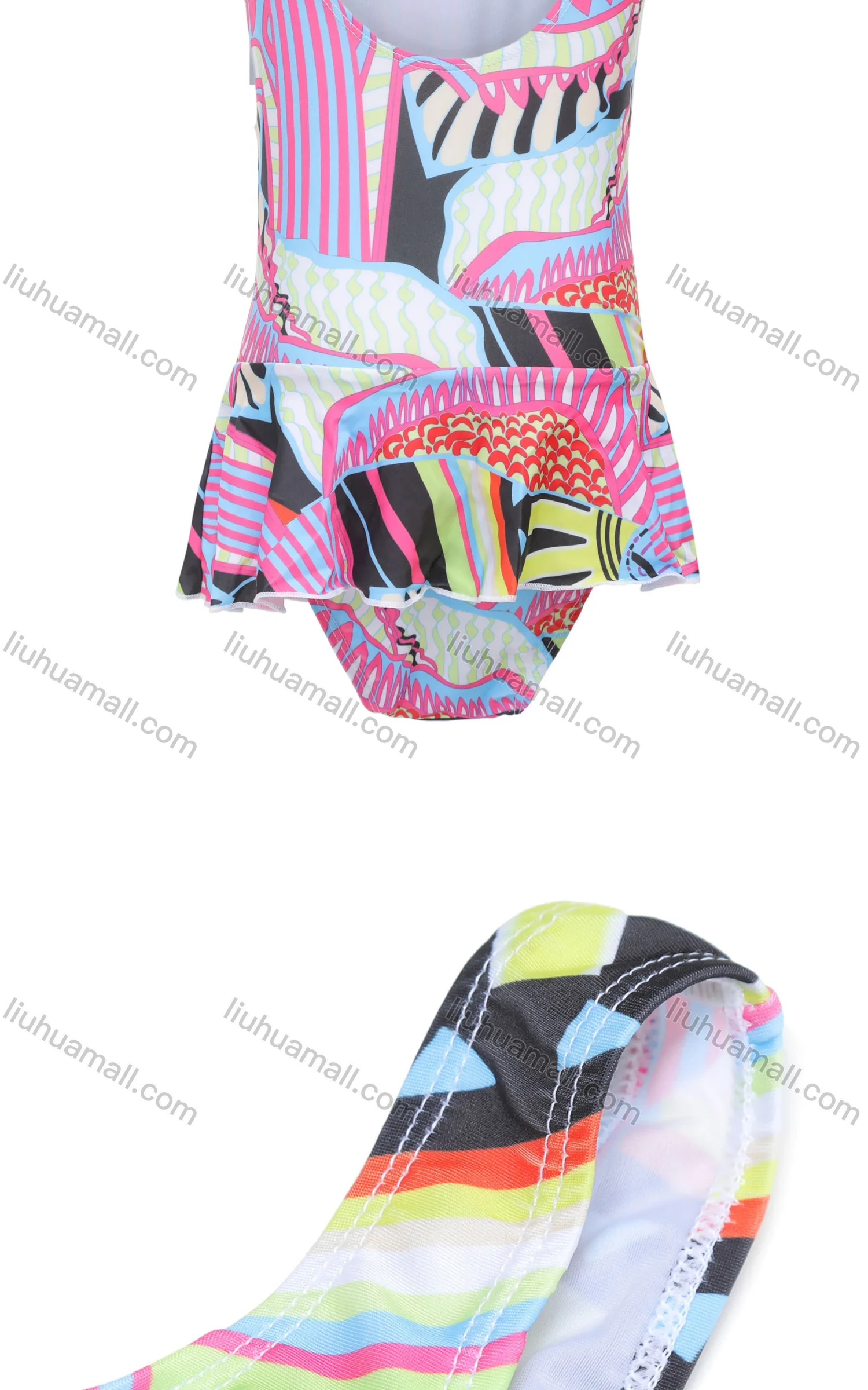 Wholesale Girls Vacation Crew Neck Sleeveless Ruffle Hem Abstract Print One Piece Swimsuit - Liuhuamall