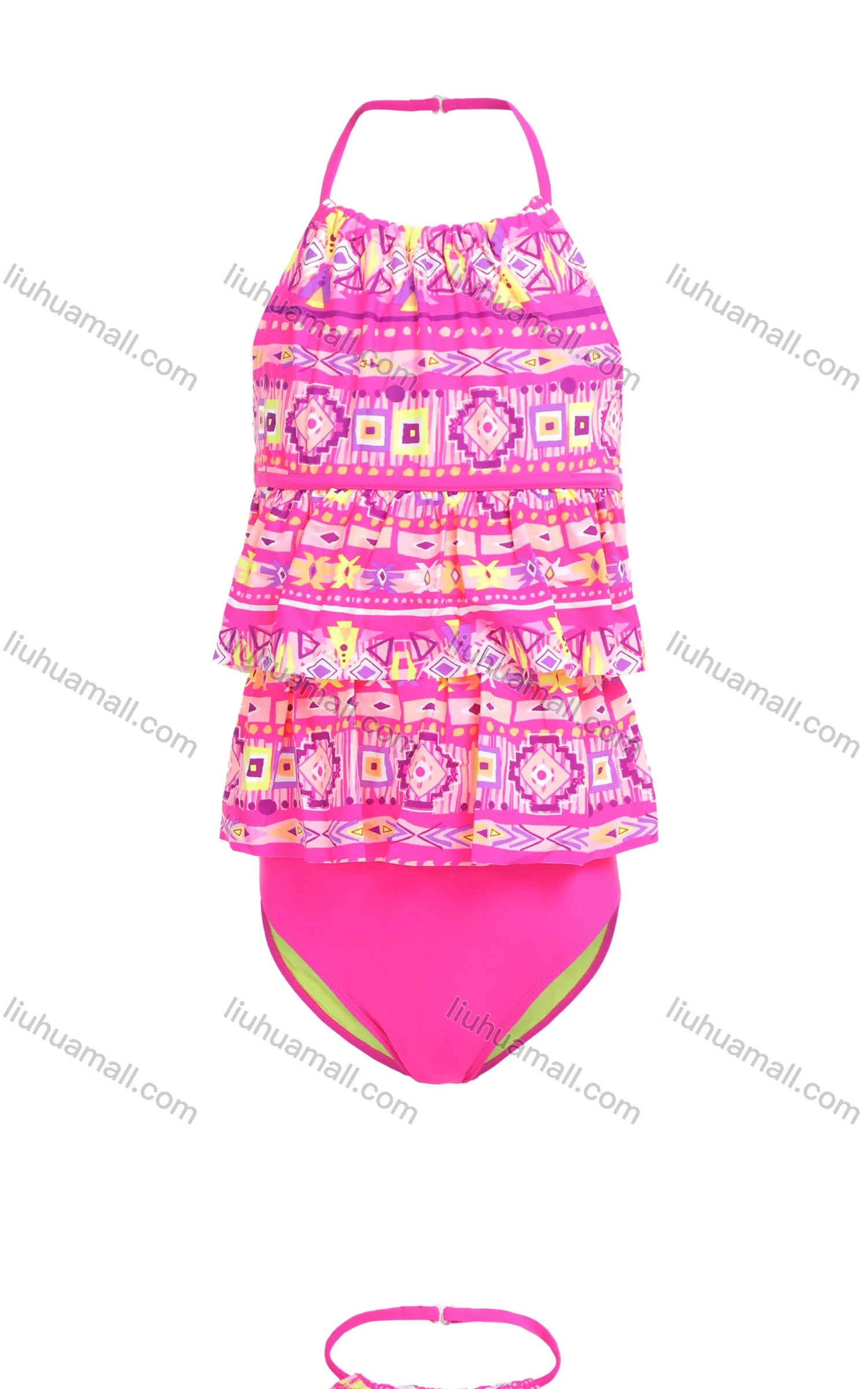 Wholesale Girls Allover Print Halter Neck Ruffle Layered Hem Backless Two-Piece Swimsuit Set - Liuhuamall