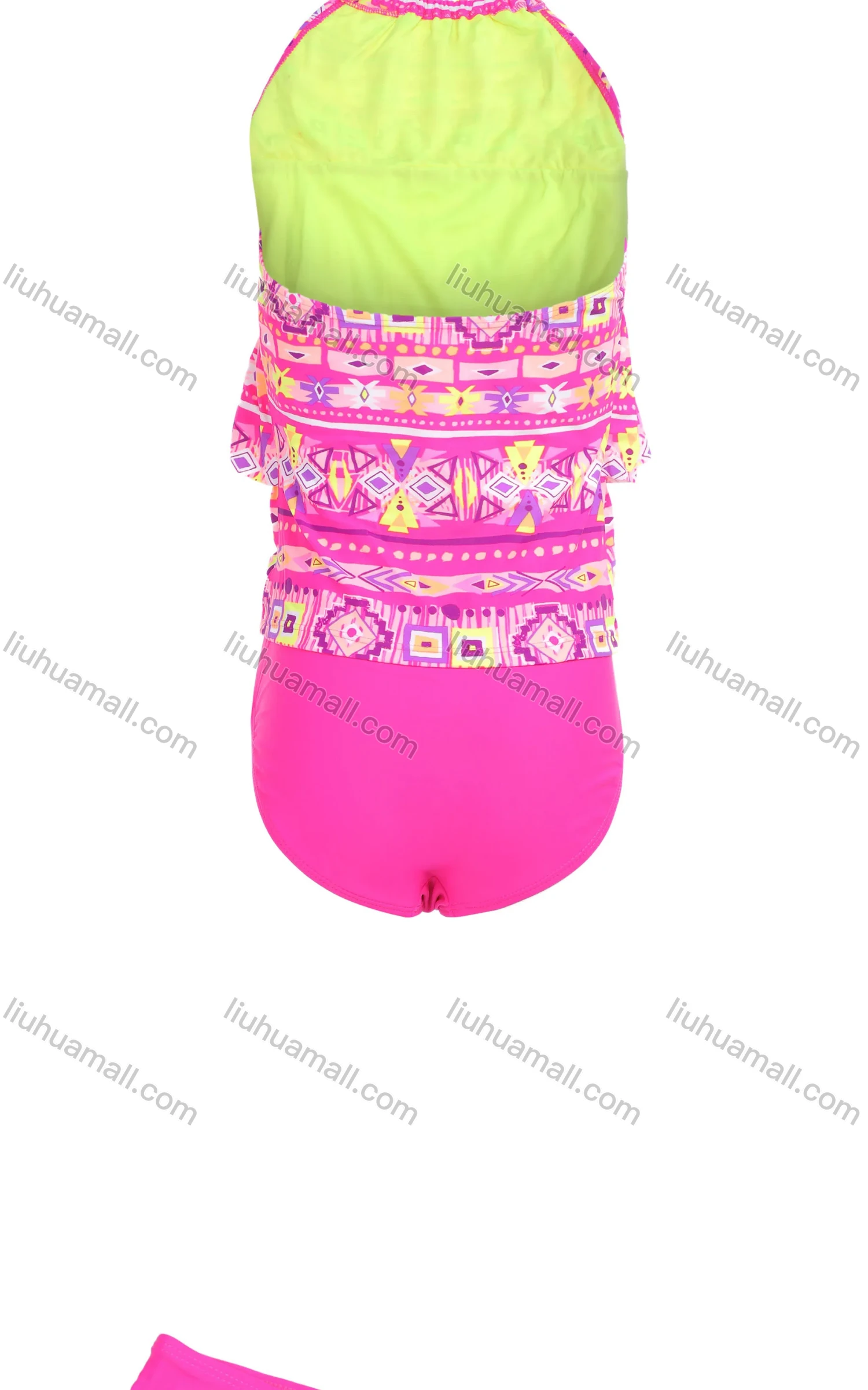 Wholesale Girls Allover Print Halter Neck Ruffle Layered Hem Backless Two-Piece Swimsuit Set - Liuhuamall