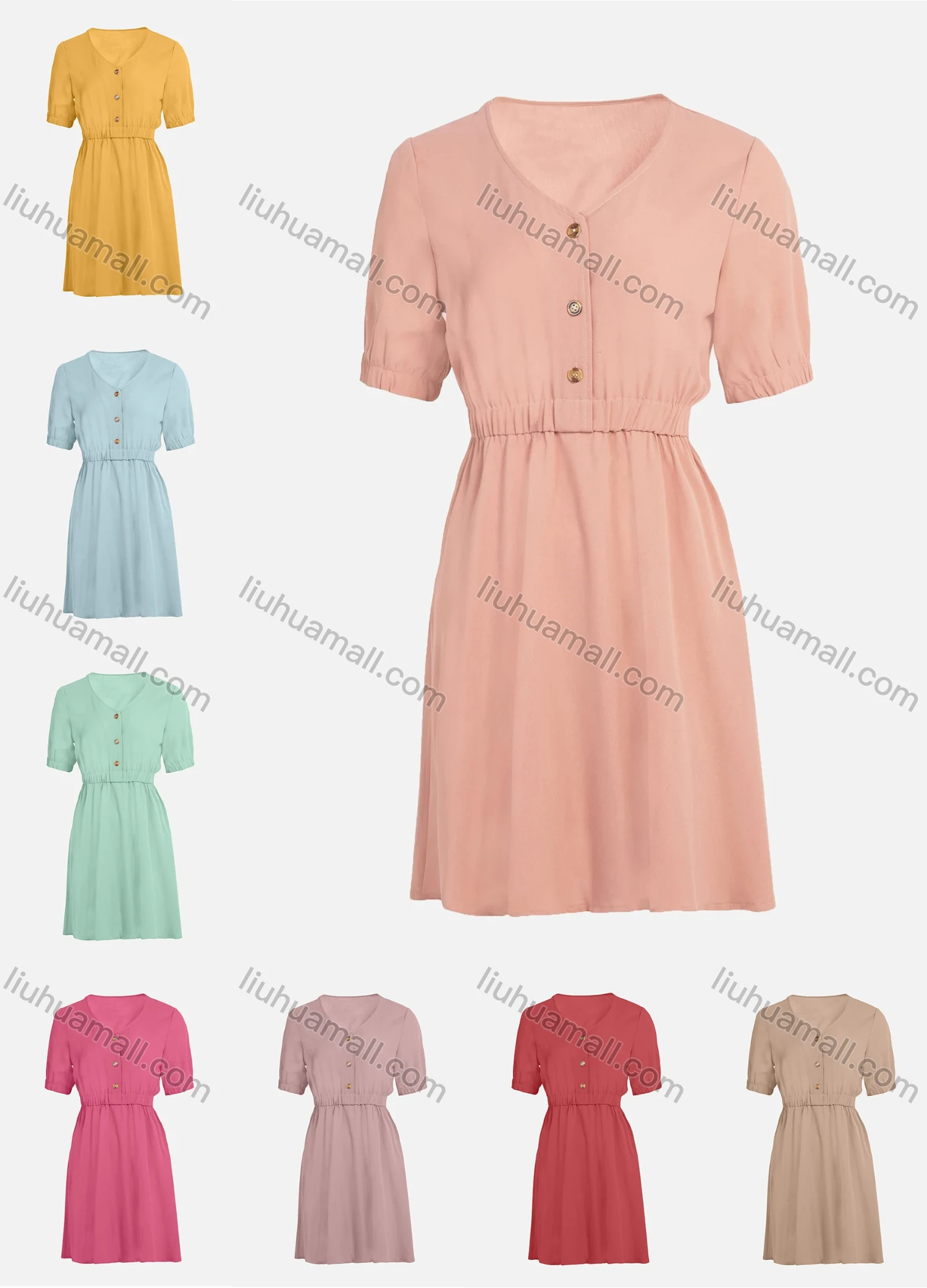 Wholesale Women's Casual Plain V Neck Button Front Knee Length Ruched A-Line Dress - Liuhuamall