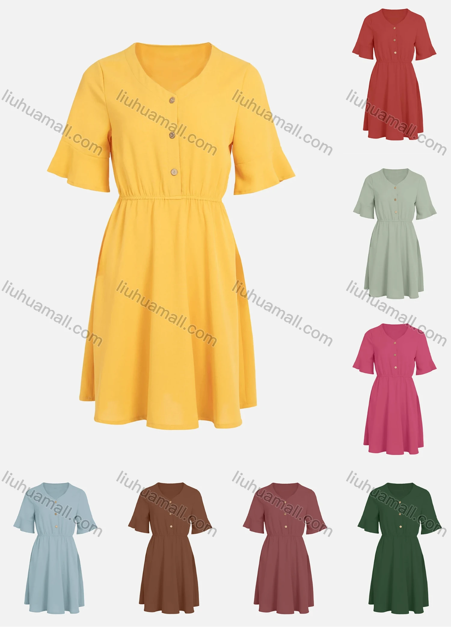 Wholesale Women's Causal V-Neck Trumpet Sleeve Button Pleated Dress - Liuhuamall